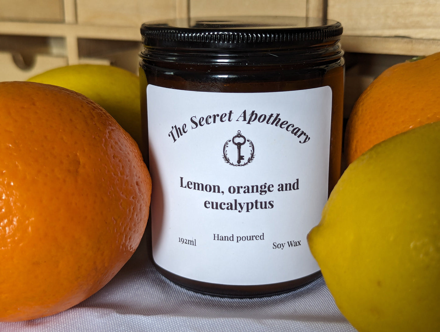 Lemon, Orange and Eucalyptus Luxury Scented Candle- 100% organic soy wax candle with premium essential oils in amber glass jar. Eco friendly
