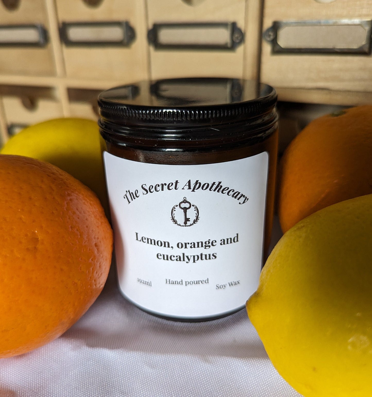 Lemon, Orange and Eucalyptus Luxury Scented Candle- 100% organic soy wax candle with premium essential oils in amber glass jar. Eco friendly
