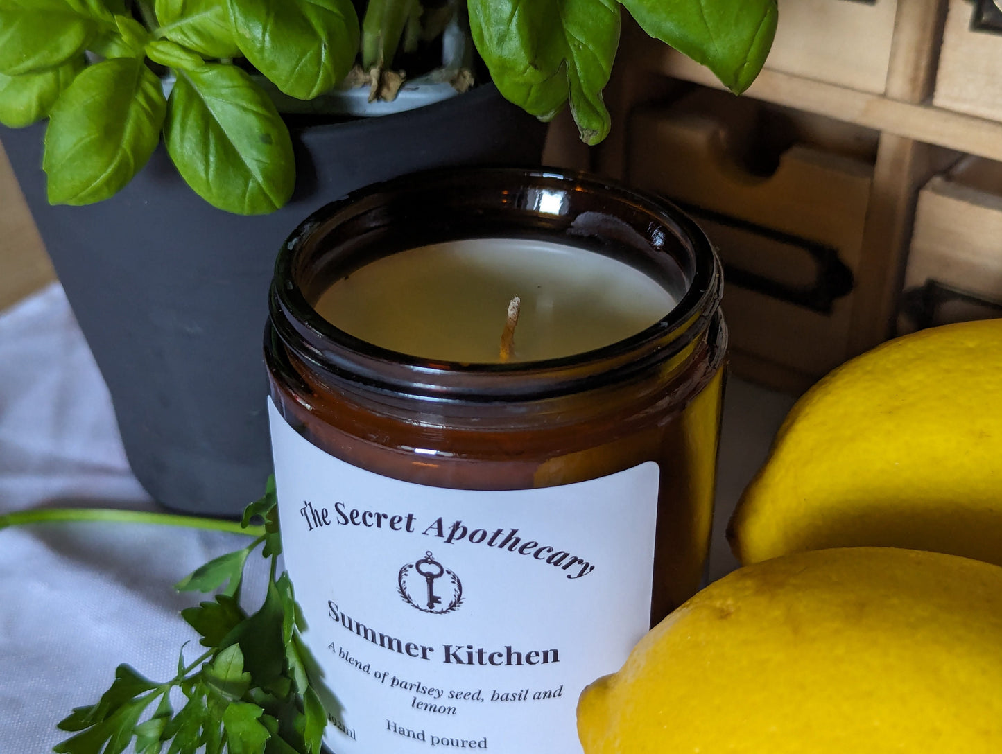 Summer Kitchen Luxury Scented Candle - 100% organic soy wax candle with premium essential oils in amber glass jar. Eco friendly.
