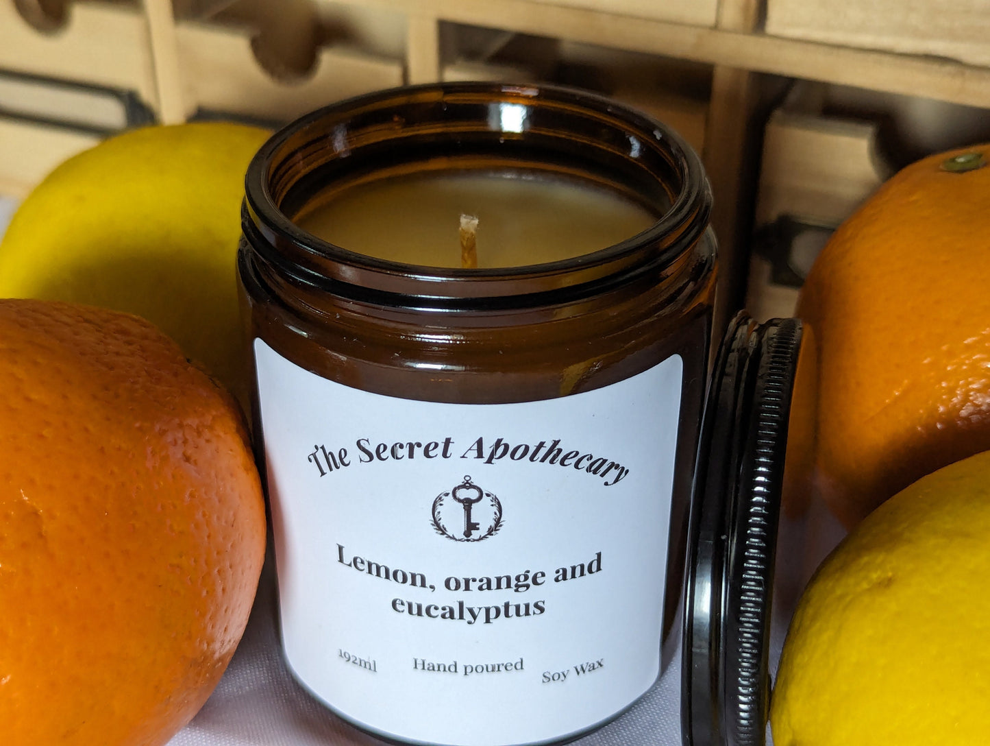 Lemon, Orange and Eucalyptus Luxury Scented Candle- 100% organic soy wax candle with premium essential oils in amber glass jar. Eco friendly