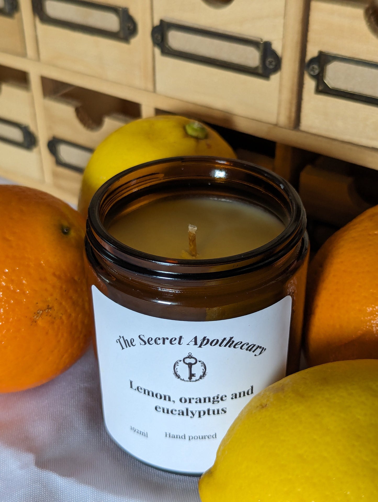 Lemon, Orange and Eucalyptus Luxury Scented Candle- 100% organic soy wax candle with premium essential oils in amber glass jar. Eco friendly