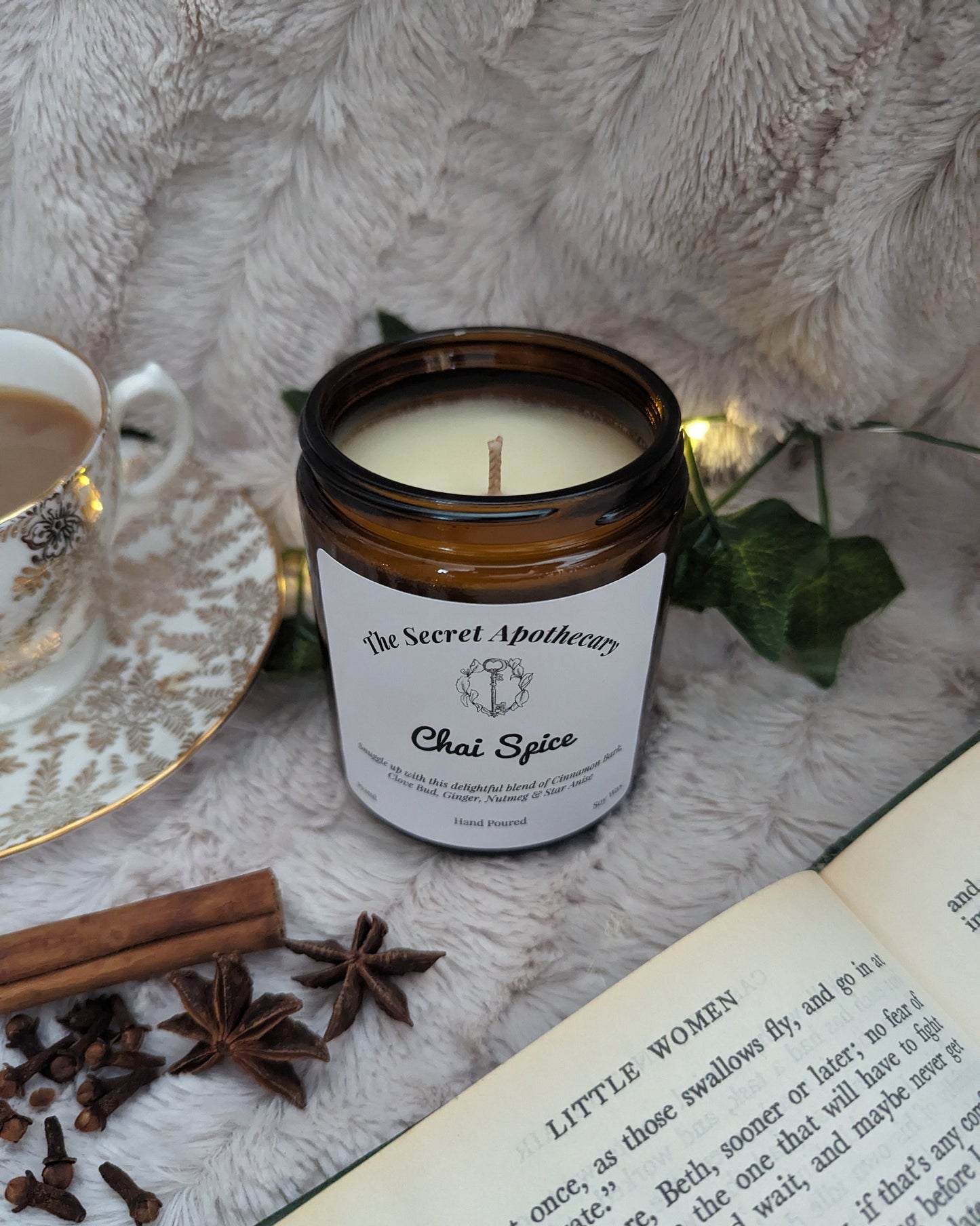 Chai Spice Luxury Scented Candle - 100% organic soy wax candle with premium essential oils in amber glass jar. Eco friendly.