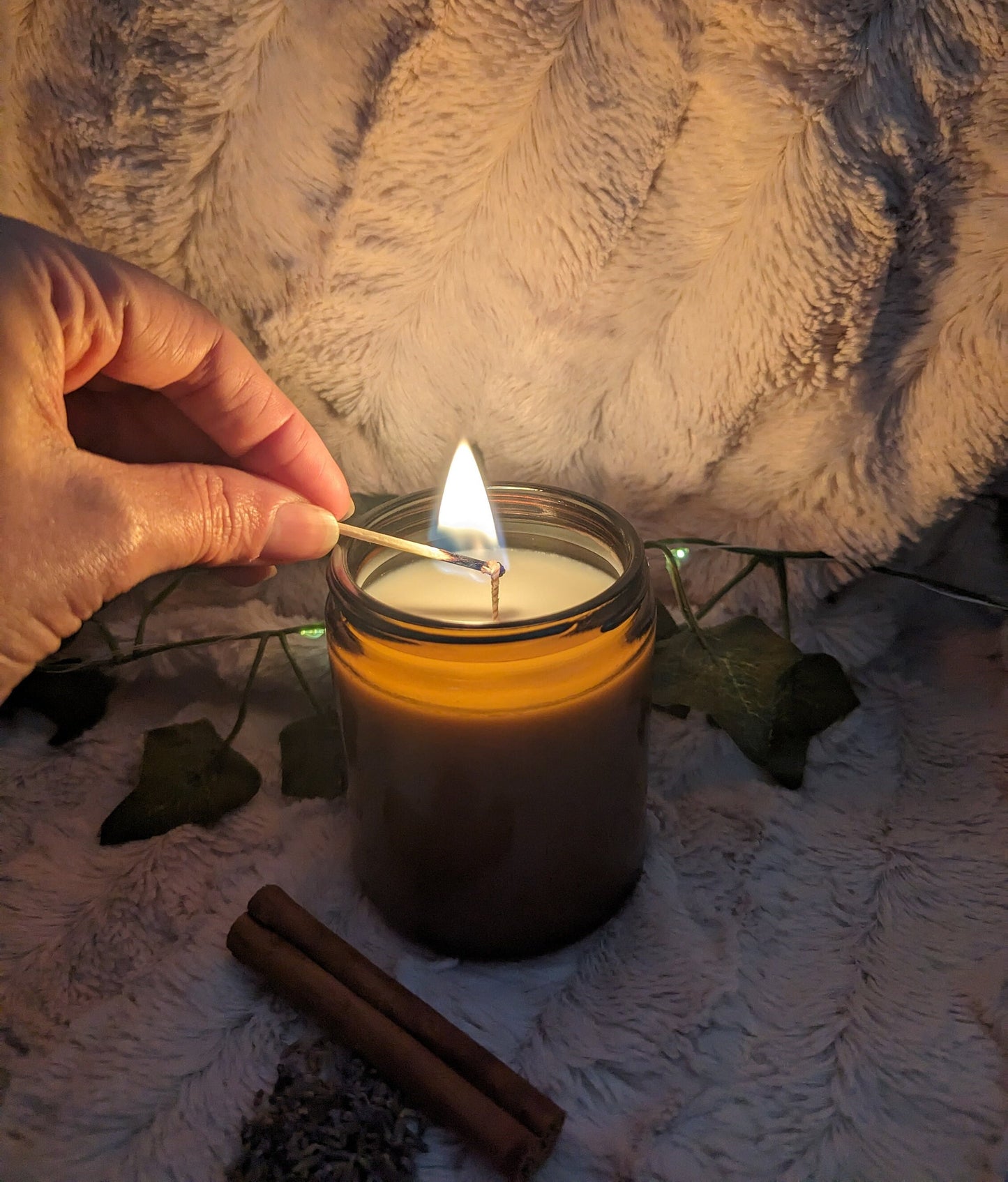 Chai Spice Luxury Scented Candle - 100% organic soy wax candle with premium essential oils in amber glass jar. Eco friendly.