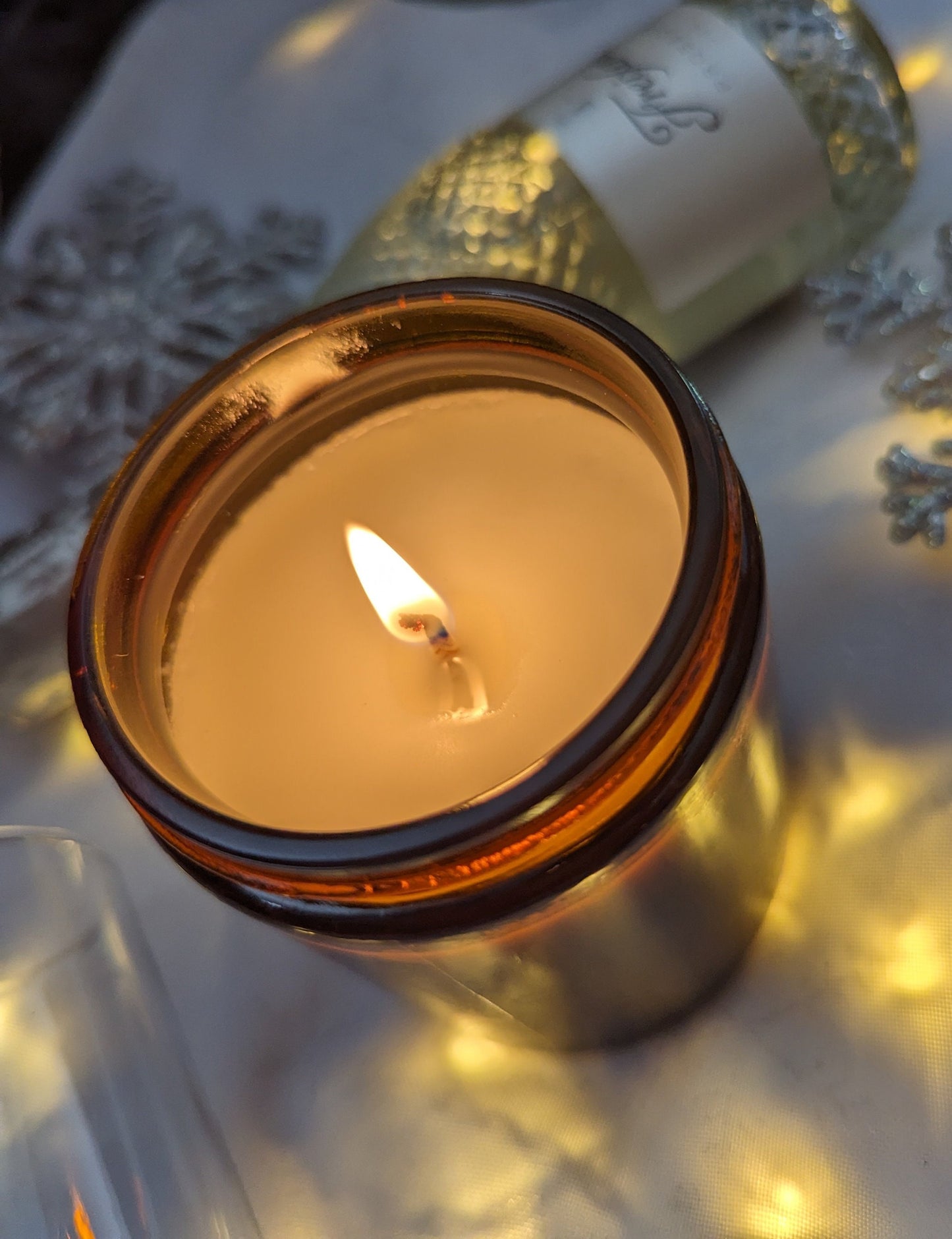 Festive Fizz Luxury Scented Candle - 100% organic soy wax candle with premium essential oils in amber glass jar. Eco friendly.