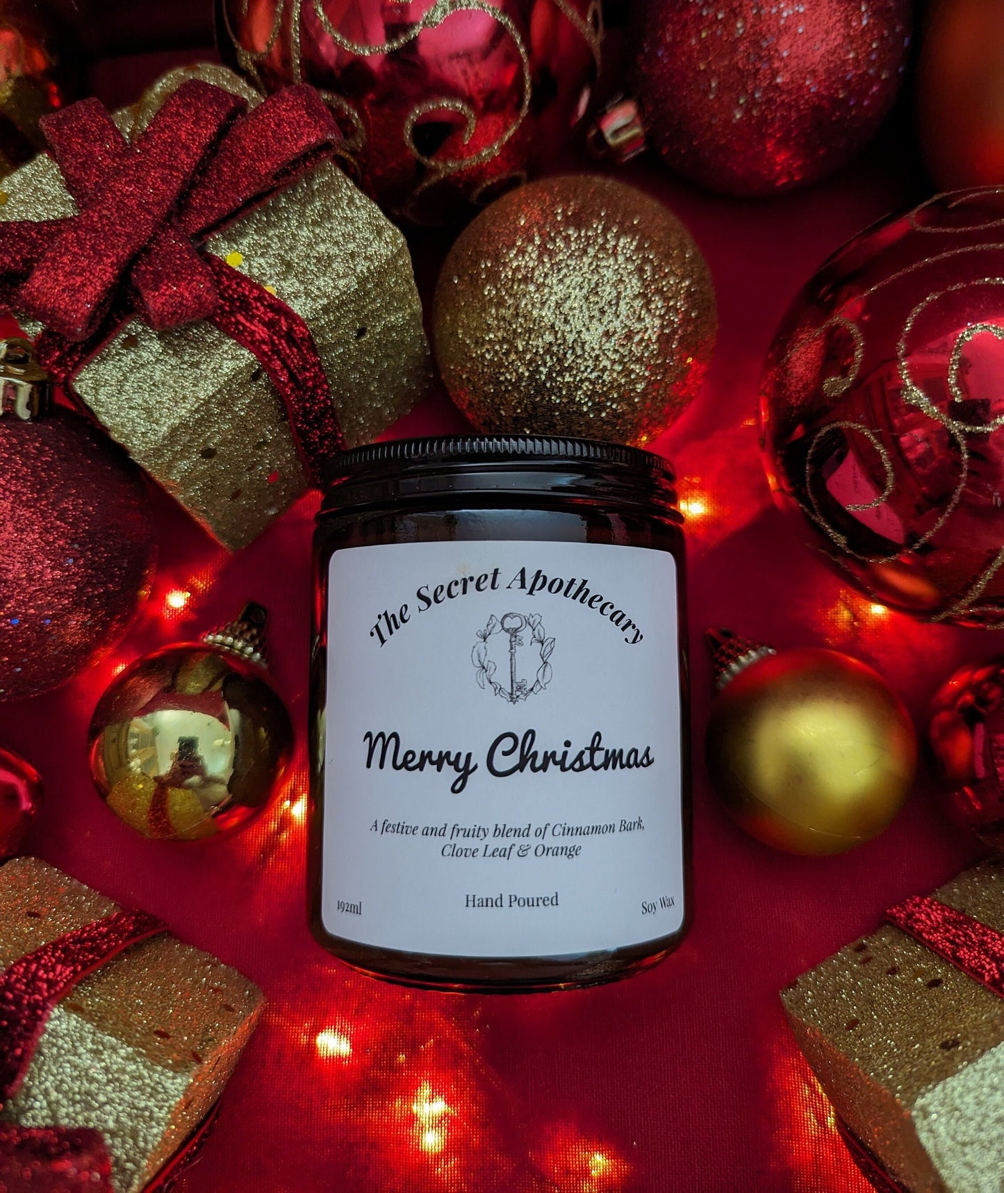 Merry Christmas Luxury Scented Candle - 100% organic soy wax candle with premium essential oils in amber glass jar. Eco friendly.