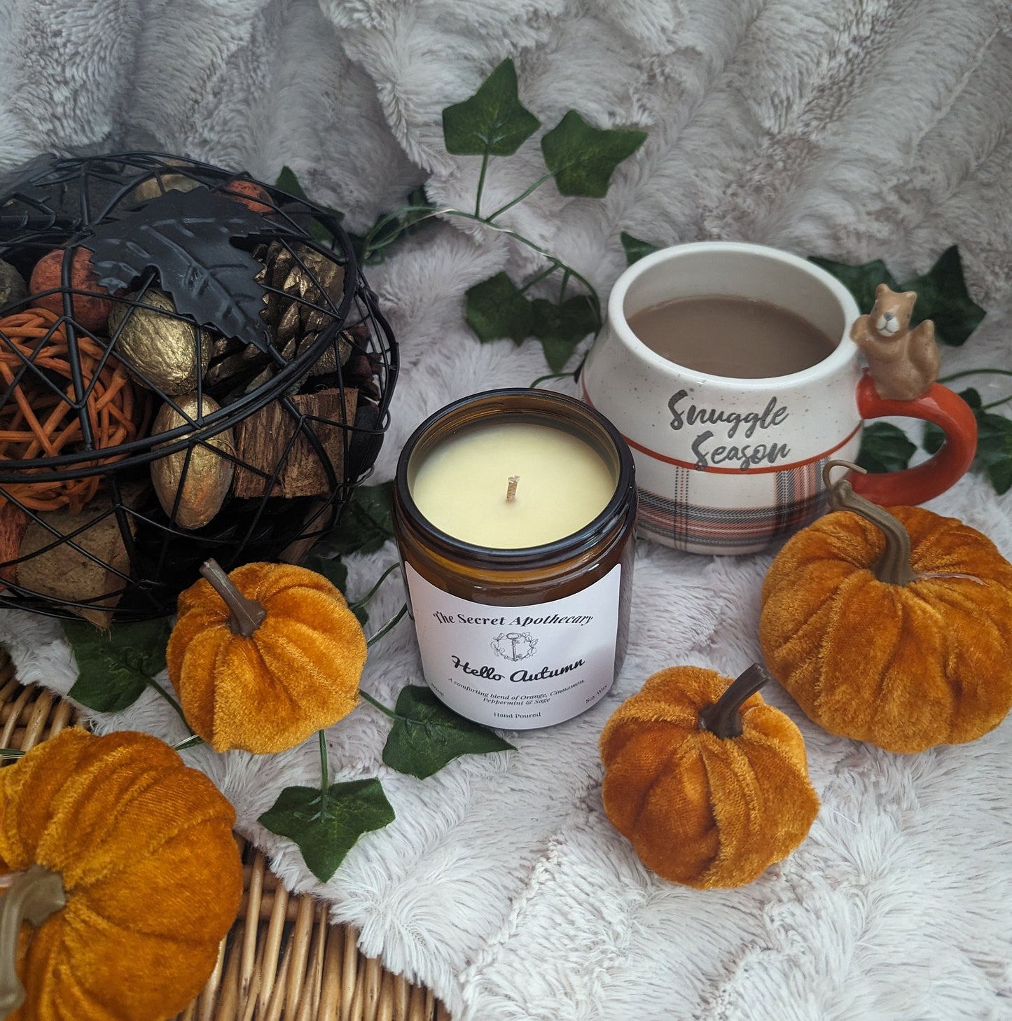 Hello Autumn Luxury Scented Candle - 100% organic soy wax candle with premium essential oils in amber glass jar. Eco friendly.