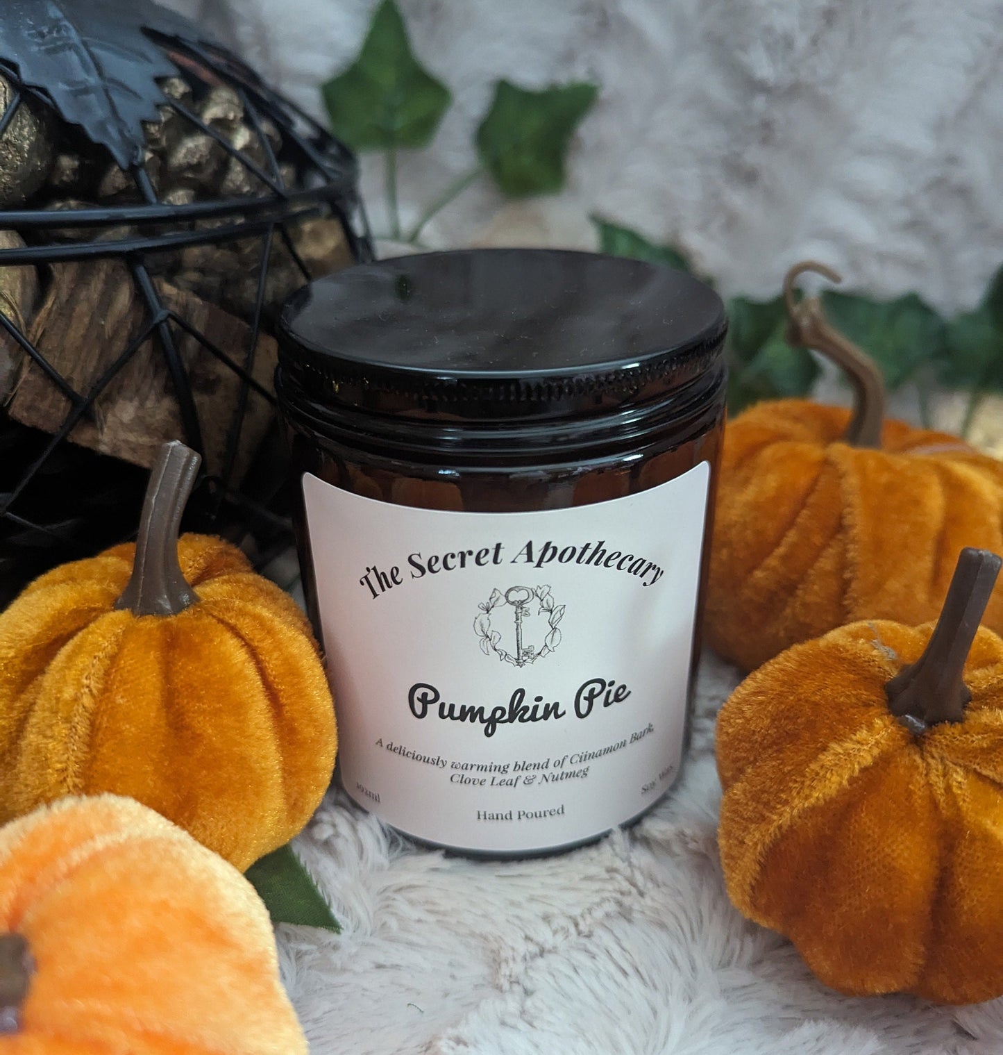 Pumpkin Pie Luxury Scented Candle - 100% organic soy wax candle with premium essential oils in amber glass jar. Eco friendly.