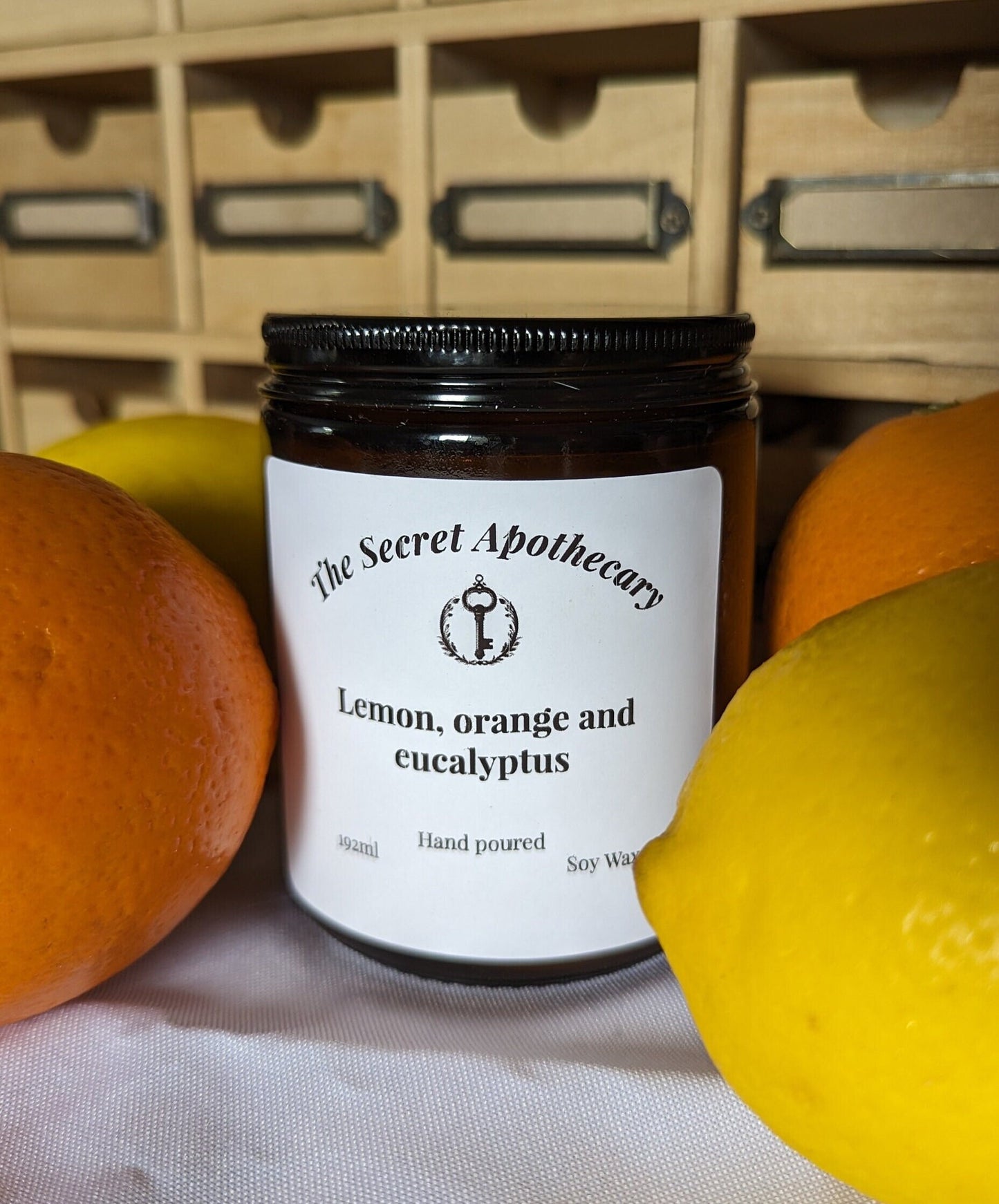 Lemon, Orange and Eucalyptus Luxury Scented Candle- 100% organic soy wax candle with premium essential oils in amber glass jar. Eco friendly