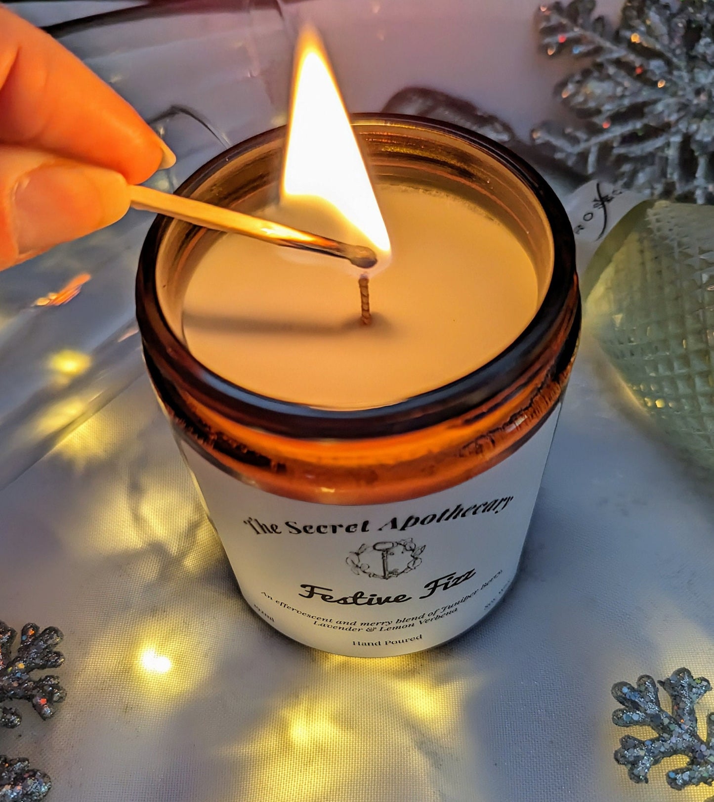 Festive Fizz Luxury Scented Candle - 100% organic soy wax candle with premium essential oils in amber glass jar. Eco friendly.