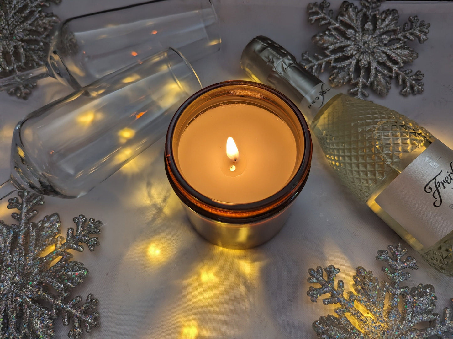 Festive Fizz Luxury Scented Candle - 100% organic soy wax candle with premium essential oils in amber glass jar. Eco friendly.