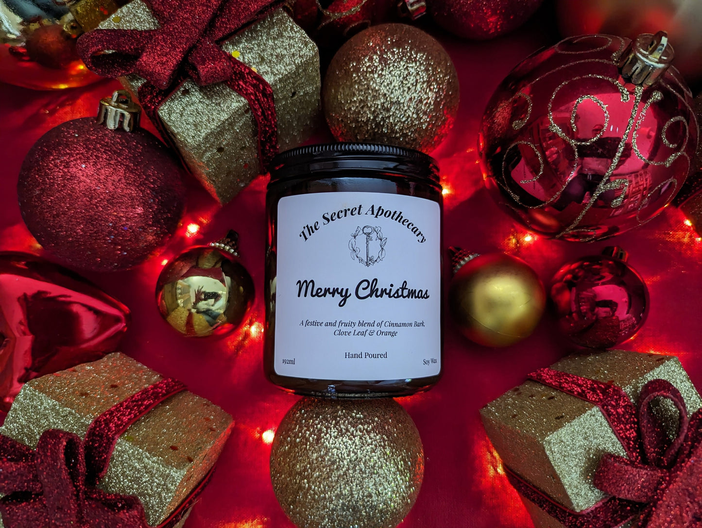 Merry Christmas Luxury Scented Candle - 100% organic soy wax candle with premium essential oils in amber glass jar. Eco friendly.