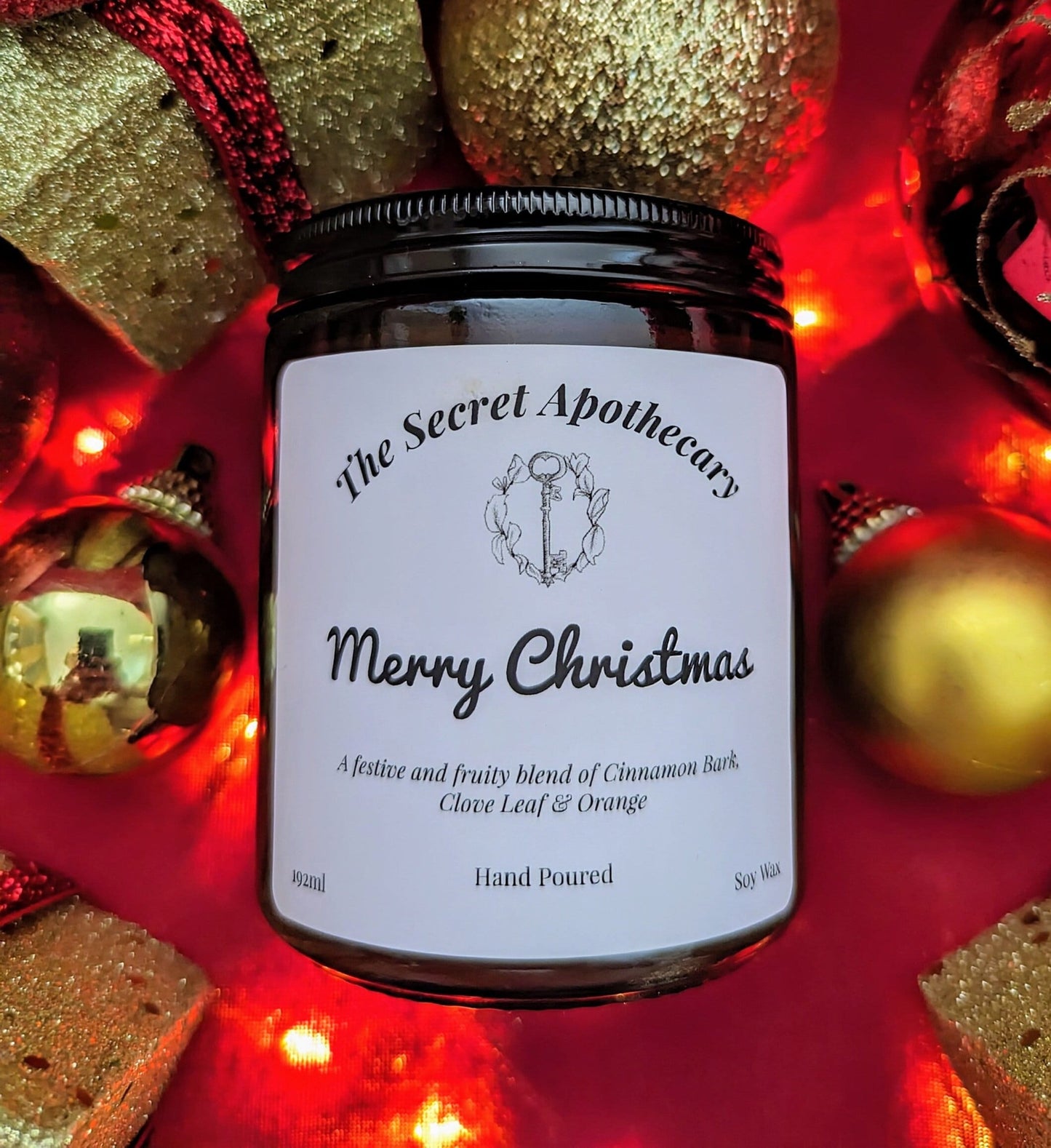 Merry Christmas Luxury Scented Candle - 100% organic soy wax candle with premium essential oils in amber glass jar. Eco friendly.