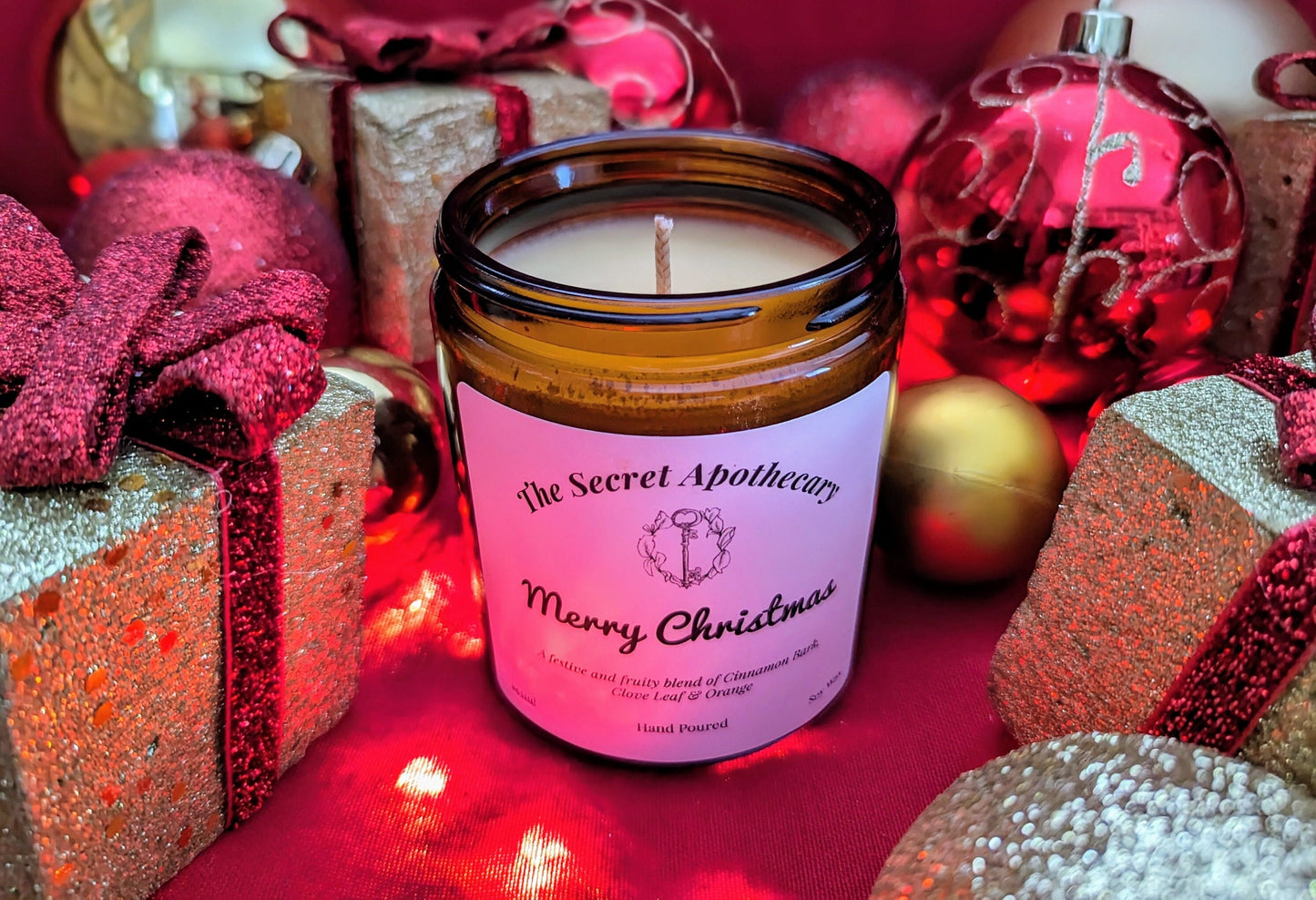 Merry Christmas Luxury Scented Candle - 100% organic soy wax candle with premium essential oils in amber glass jar. Eco friendly.