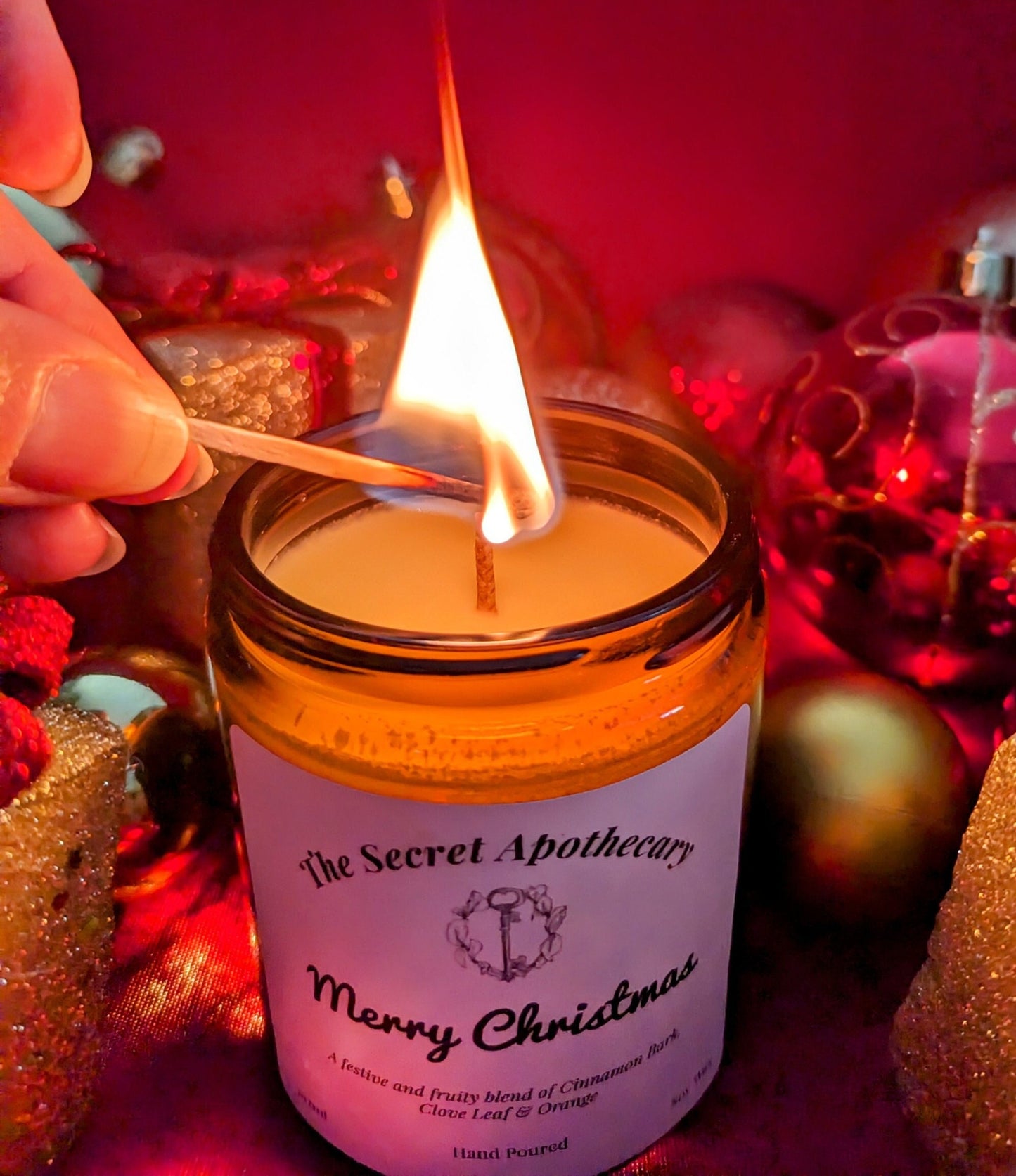 Merry Christmas Luxury Scented Candle - 100% organic soy wax candle with premium essential oils in amber glass jar. Eco friendly.
