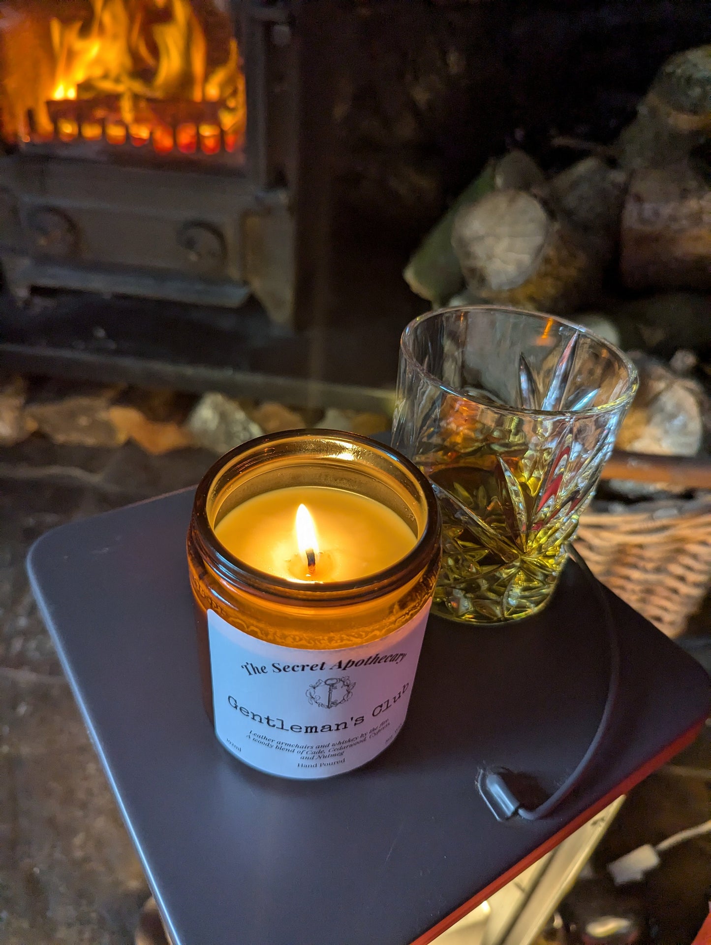 Gentleman's Club Luxury Scented Candle - 100% organic soy wax candle with premium essential oils in amber glass jar. Eco friendly.