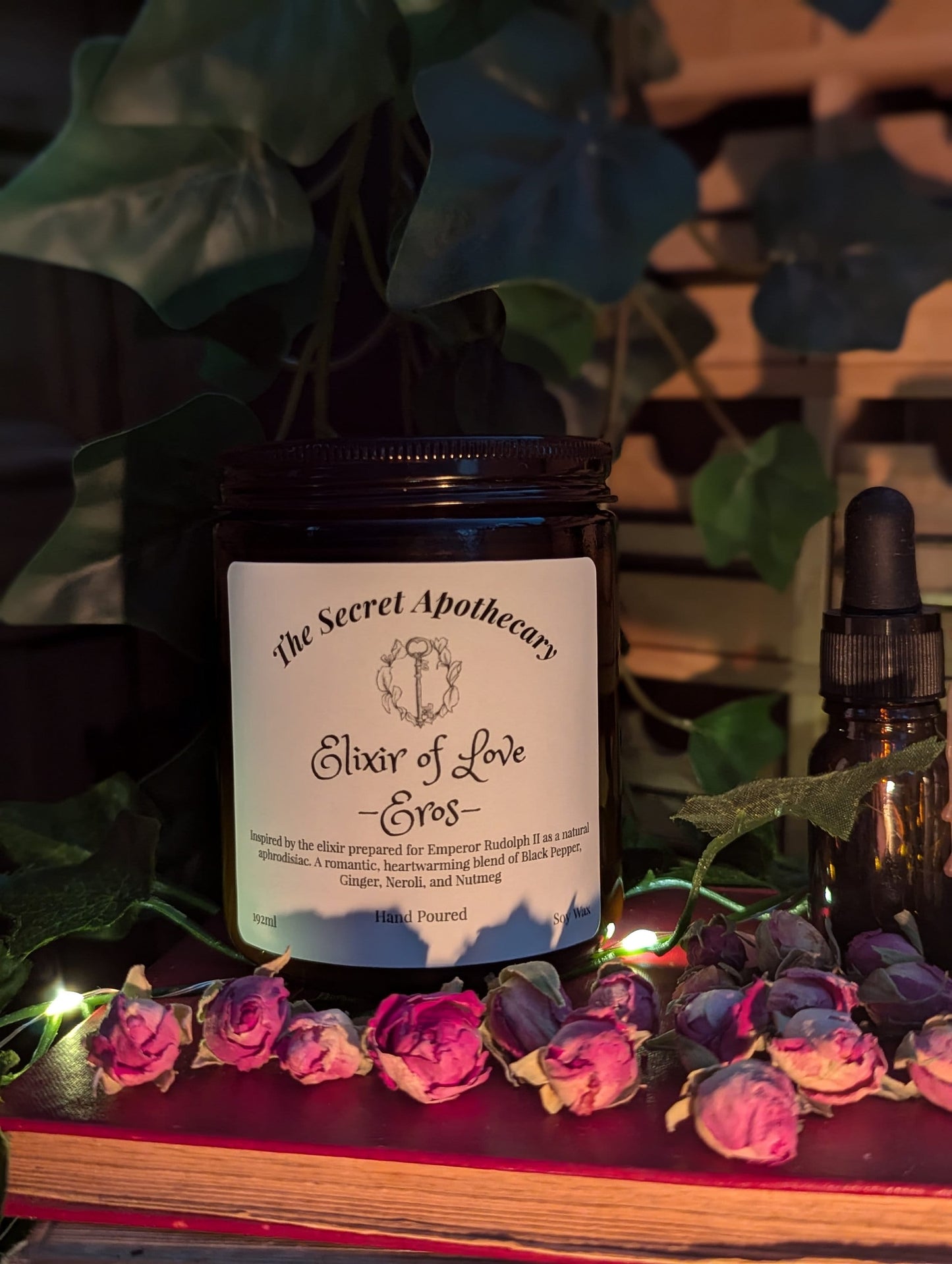Elixir of Love - Eros - Luxury Scented Candle. Alchemist Range. 100% organic soy wax candle with premium essential oils in amber glass jar.