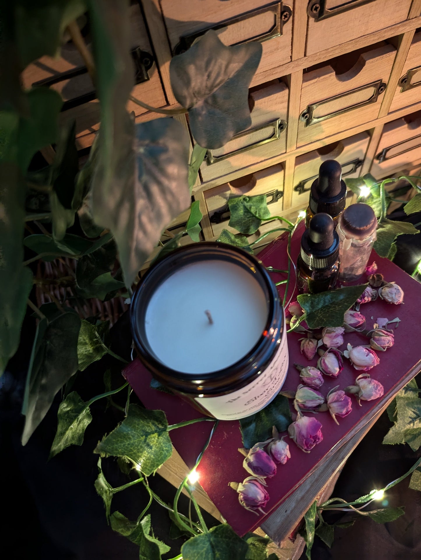 Elixir of Love - Eros - Luxury Scented Candle. Alchemist Range. 100% organic soy wax candle with premium essential oils in amber glass jar.