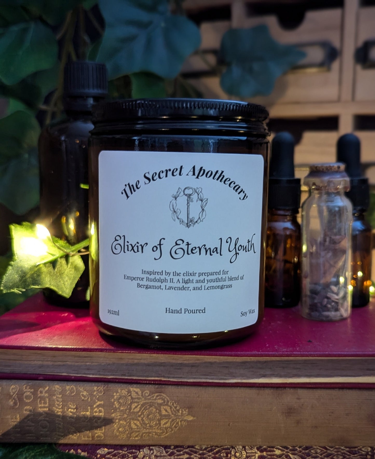 Elixir of Eternal Youth - Luxury Scented Candle. Alchemist Range. 100% organic soy wax candle with premium essential oils in amber glass jar
