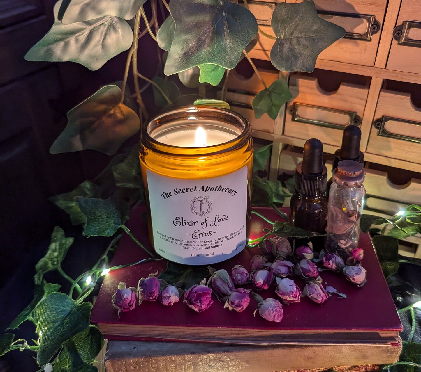 Elixir of Love - Eros - Luxury Scented Candle. Alchemist Range. 100% organic soy wax candle with premium essential oils in amber glass jar.
