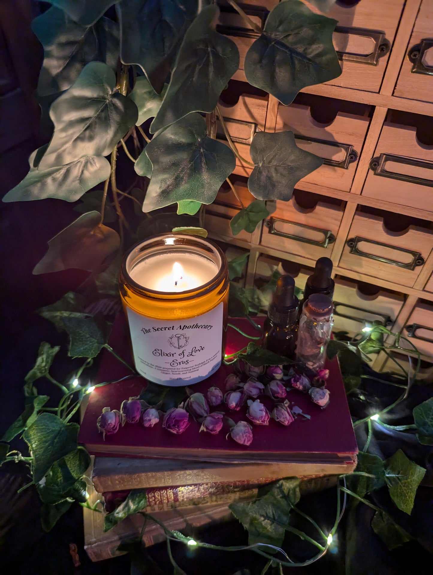 Elixir of Love - Eros - Luxury Scented Candle. Alchemist Range. 100% organic soy wax candle with premium essential oils in amber glass jar.
