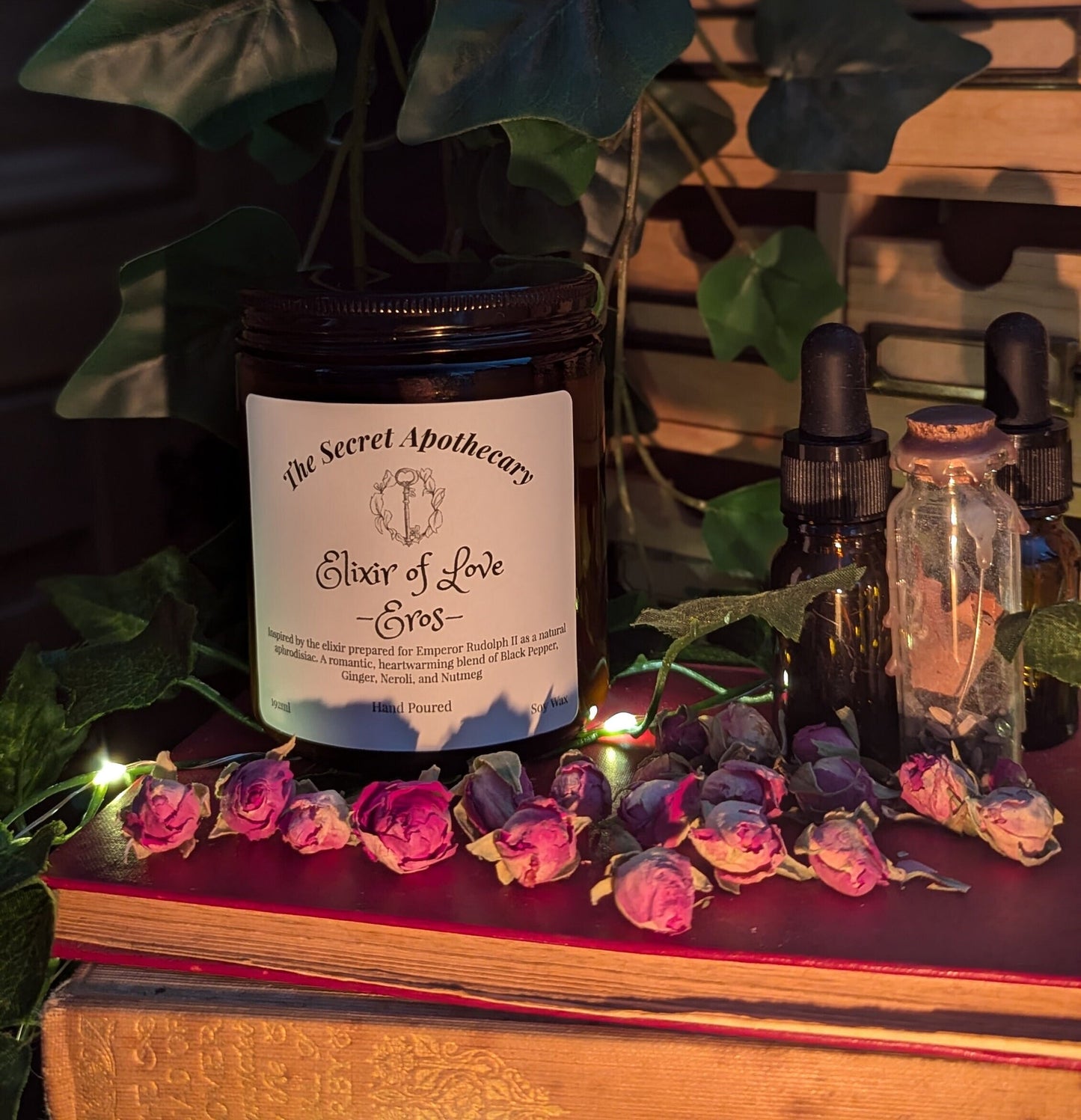 Elixir of Love - Eros - Luxury Scented Candle. Alchemist Range. 100% organic soy wax candle with premium essential oils in amber glass jar.