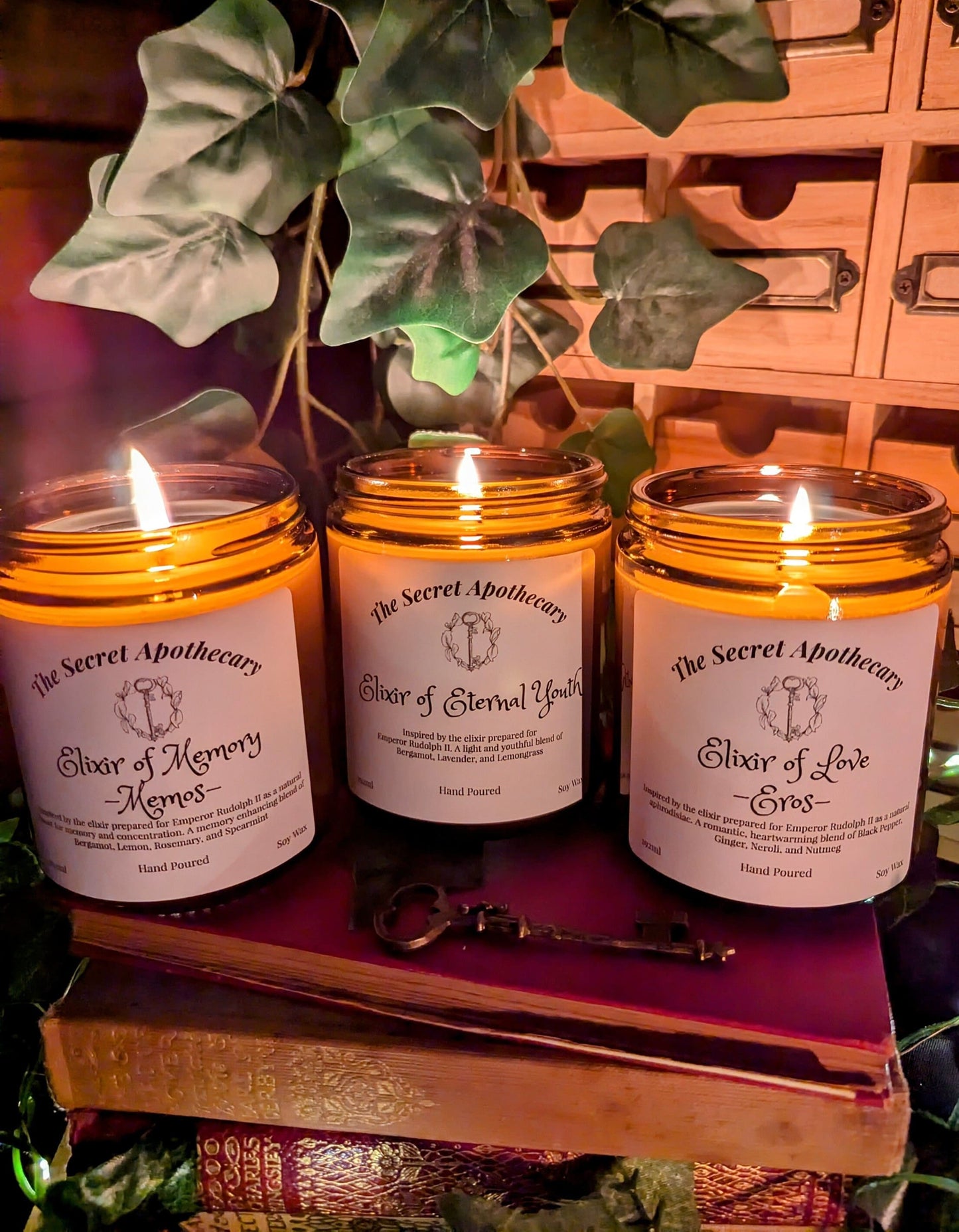 Elixir of Memory - Memos - Luxury Scented Candle.Alchemist Range. 100% organic soy wax candle with premium essential oils in amber glass jar