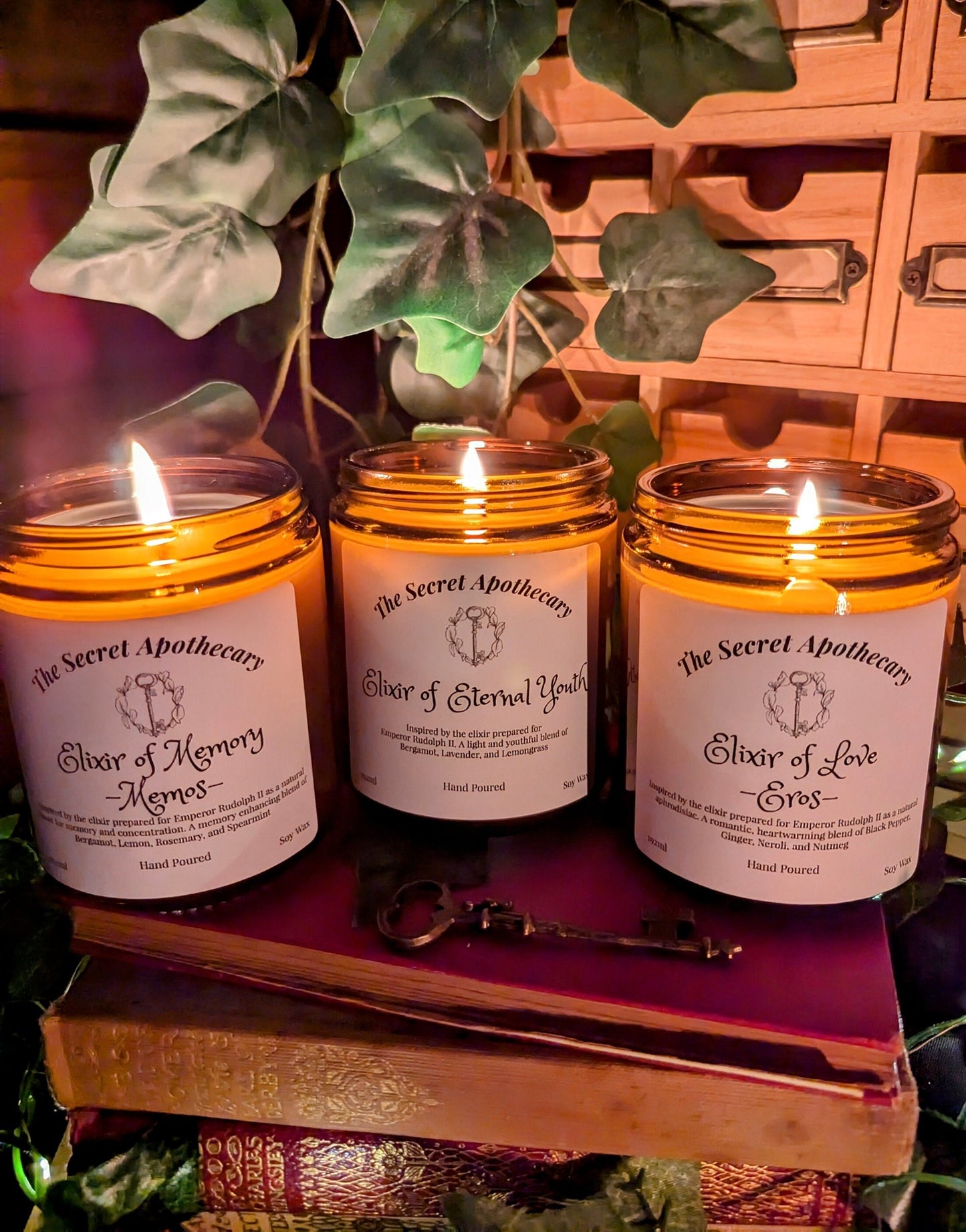 Elixir of Love - Eros - Luxury Scented Candle. Alchemist Range. 100% organic soy wax candle with premium essential oils in amber glass jar.