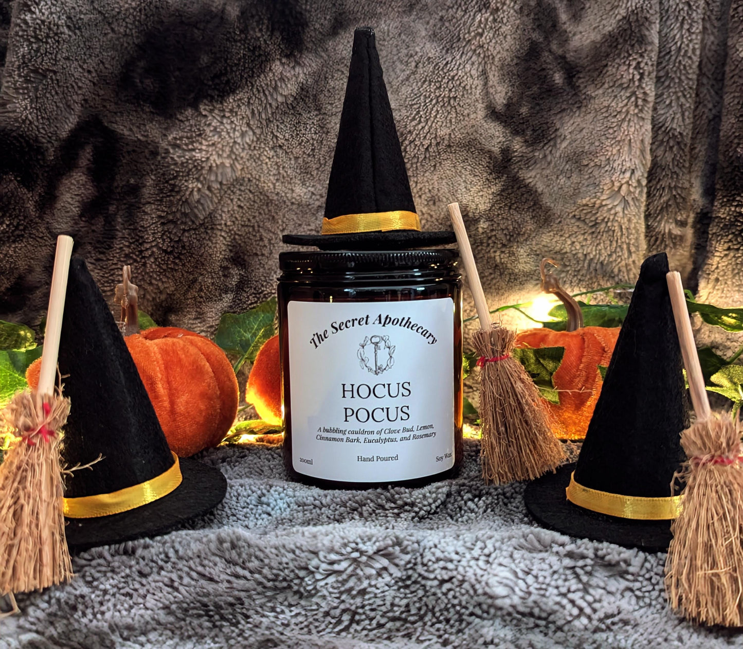 Hocus Pocus Luxury Scented Candle - 100% organic soy wax with premium essential oils in amber glass jar. Eco Friendly.