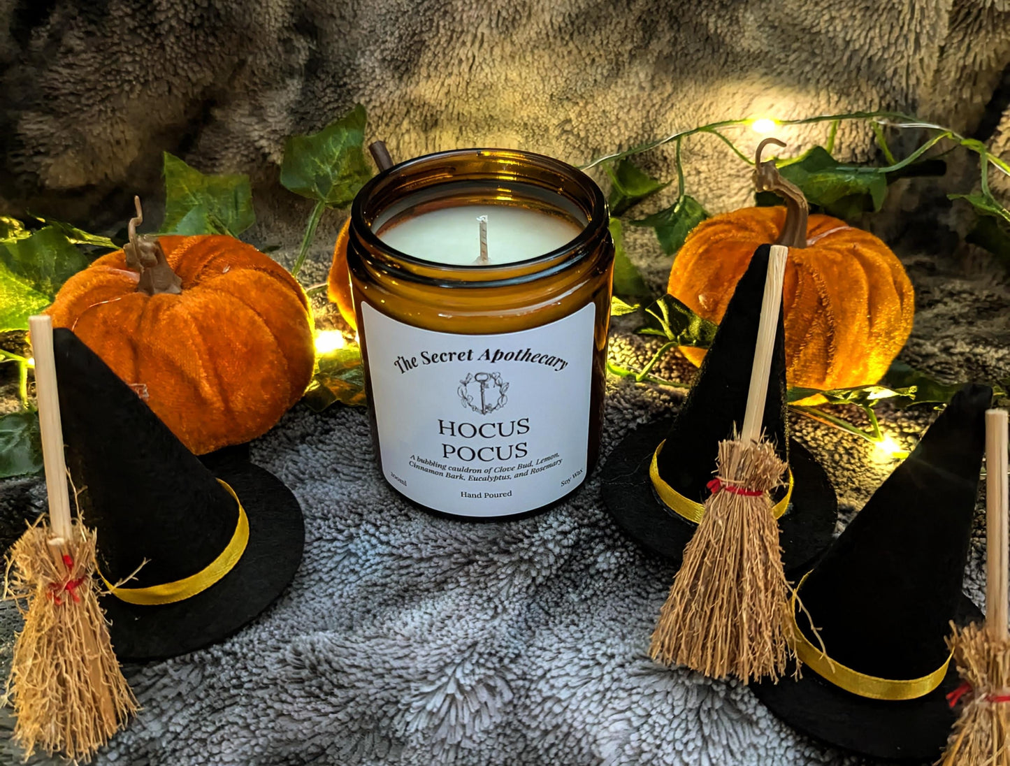 Hocus Pocus Luxury Scented Candle - 100% organic soy wax with premium essential oils in amber glass jar. Eco Friendly.