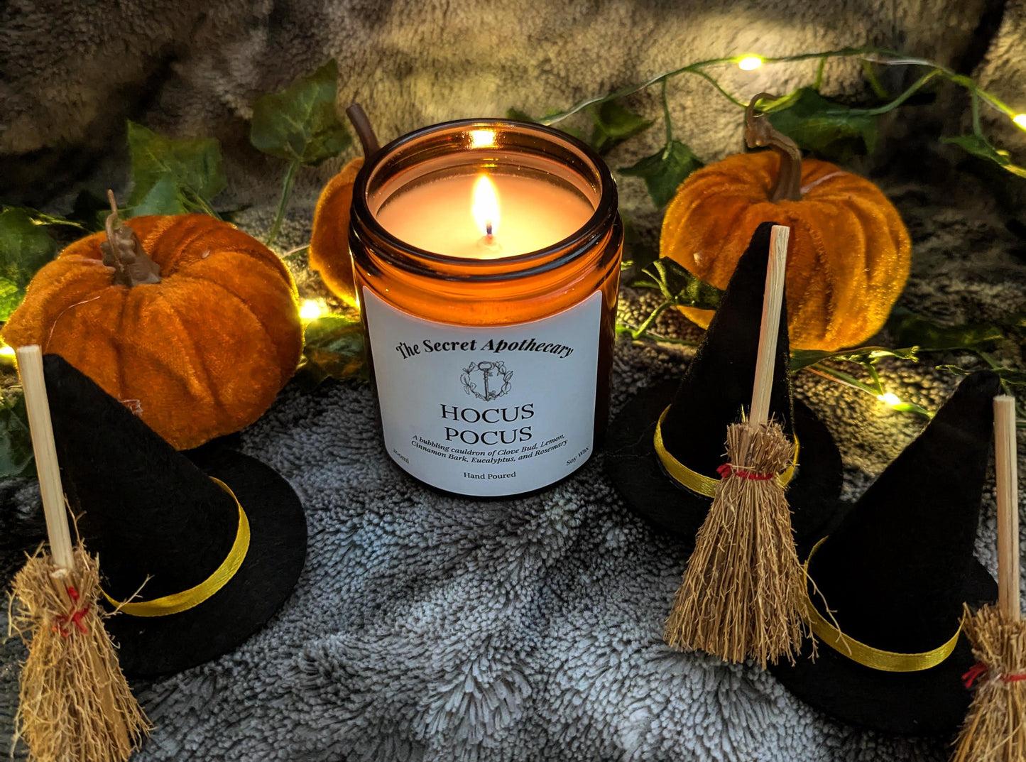 Hocus Pocus Luxury Scented Candle - 100% organic soy wax with premium essential oils in amber glass jar. Eco Friendly.