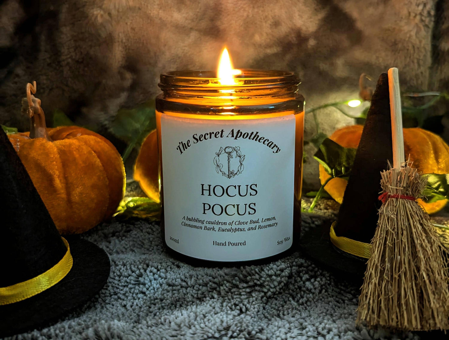 Hocus Pocus Luxury Scented Candle - 100% organic soy wax with premium essential oils in amber glass jar. Eco Friendly.