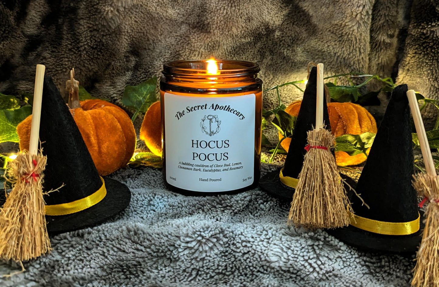 Hocus Pocus Luxury Scented Candle - 100% organic soy wax with premium essential oils in amber glass jar. Eco Friendly.