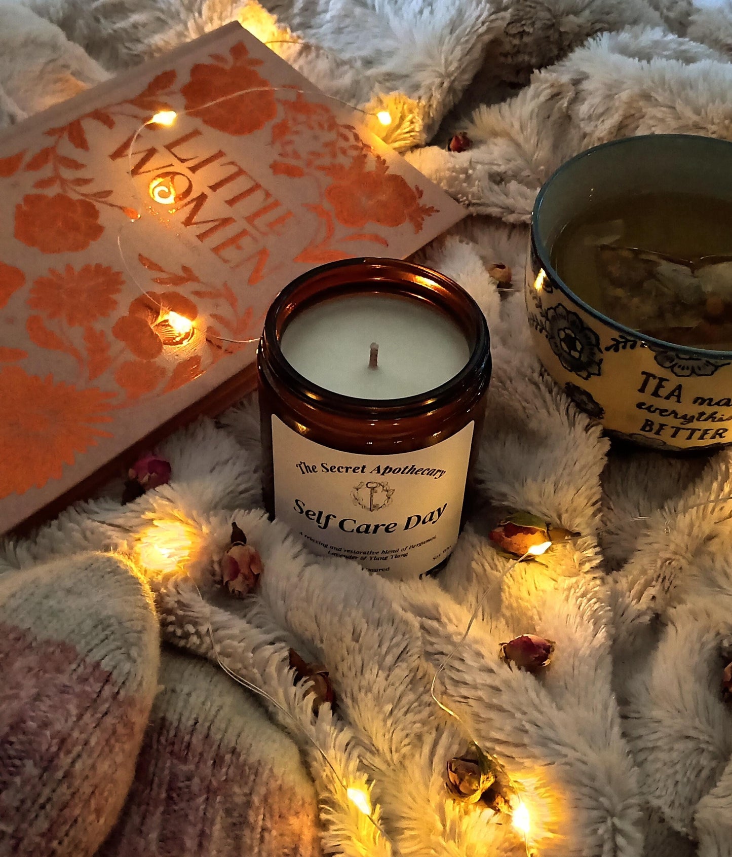 Self Care Day Luxury Scented Candle - 100% organic soy wax candle with premium essential oils in amber glass jar. Eco friendly.
