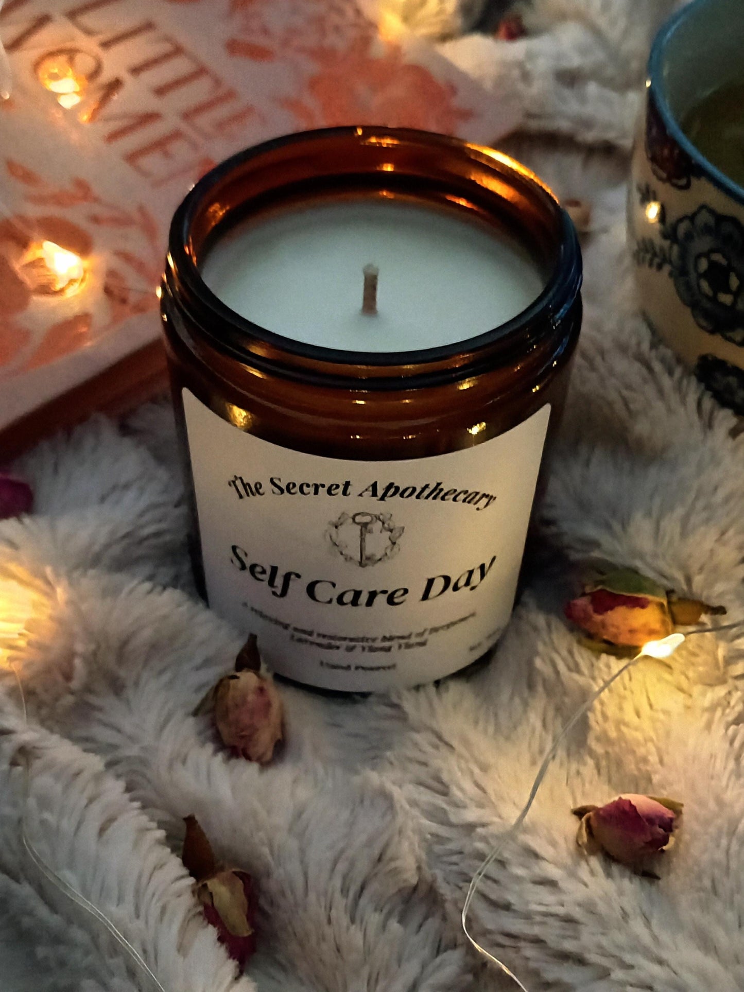 Self Care Day Luxury Scented Candle - 100% organic soy wax candle with premium essential oils in amber glass jar. Eco friendly.