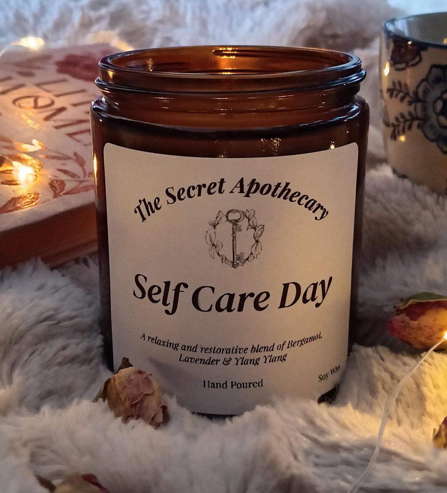 Self Care Day Luxury Scented Candle - 100% organic soy wax candle with premium essential oils in amber glass jar. Eco friendly.