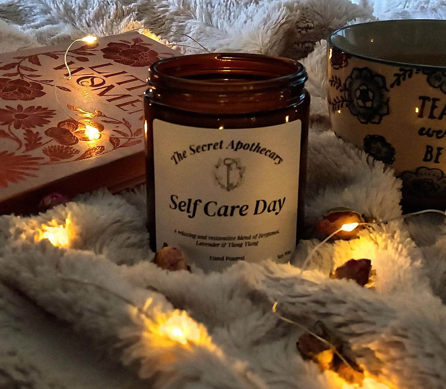 Self Care Day Luxury Scented Candle - 100% organic soy wax candle with premium essential oils in amber glass jar. Eco friendly.