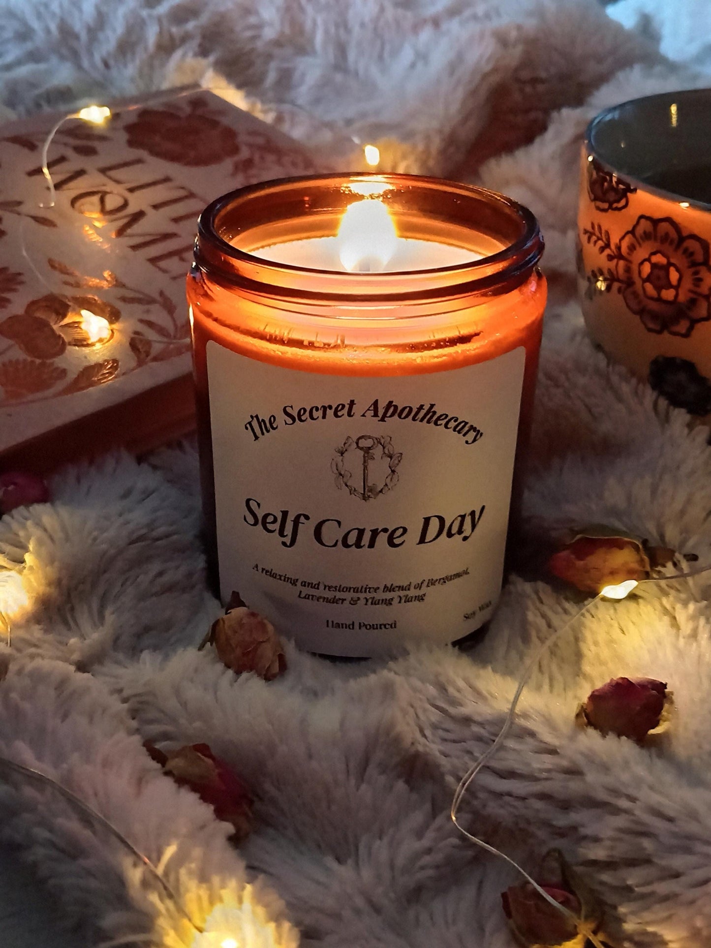 Self Care Day Luxury Scented Candle - 100% organic soy wax candle with premium essential oils in amber glass jar. Eco friendly.