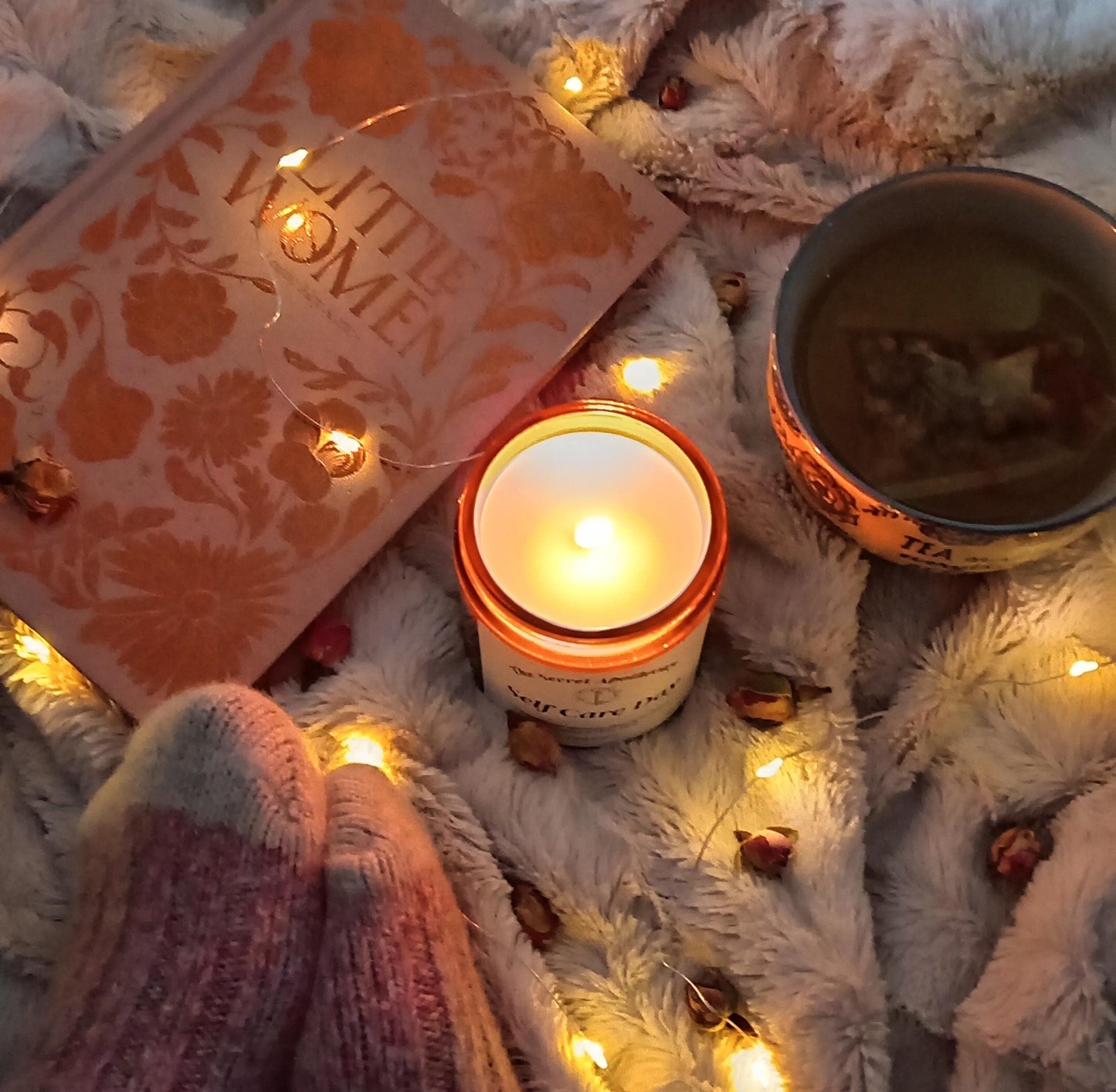 Self Care Day Luxury Scented Candle - 100% organic soy wax candle with premium essential oils in amber glass jar. Eco friendly.