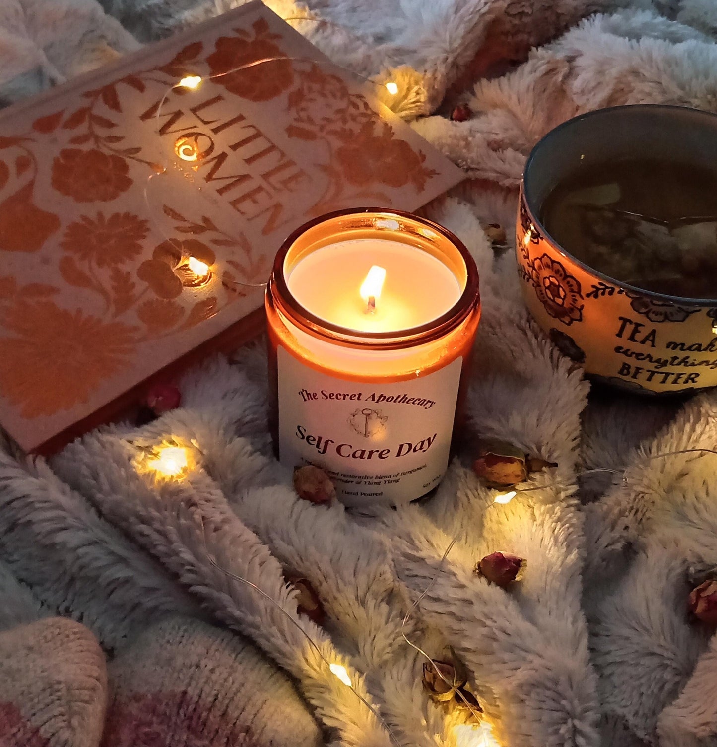Self Care Day Luxury Scented Candle - 100% organic soy wax candle with premium essential oils in amber glass jar. Eco friendly.