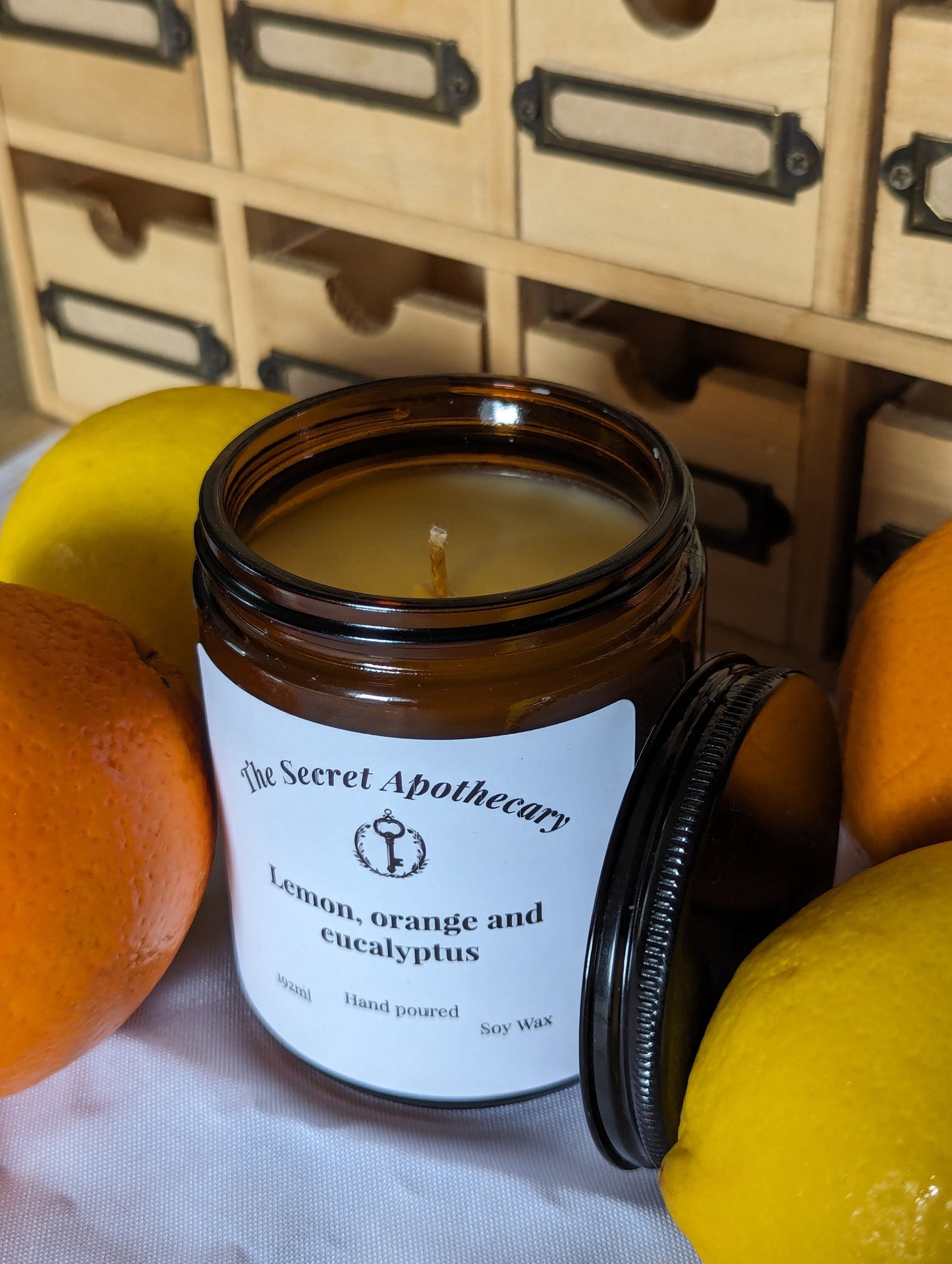 Lemon, Orange and Eucalyptus Luxury Scented Candle- 100% organic soy wax candle with premium essential oils in amber glass jar. Eco friendly
