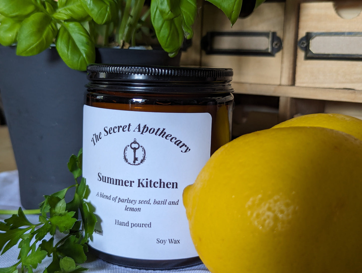 Summer Kitchen Luxury Scented Candle - 100% organic soy wax candle with premium essential oils in amber glass jar. Eco friendly.