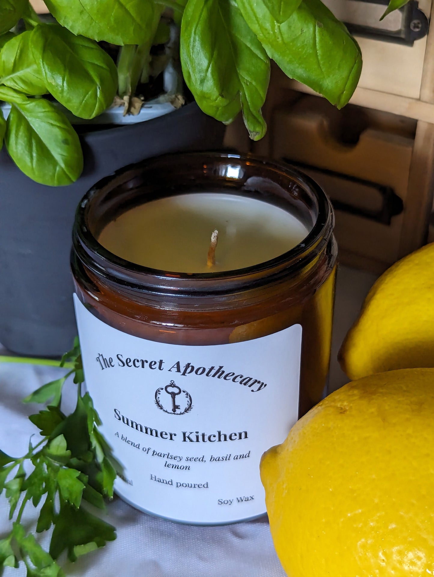 Summer Kitchen Luxury Scented Candle - 100% organic soy wax candle with premium essential oils in amber glass jar. Eco friendly.
