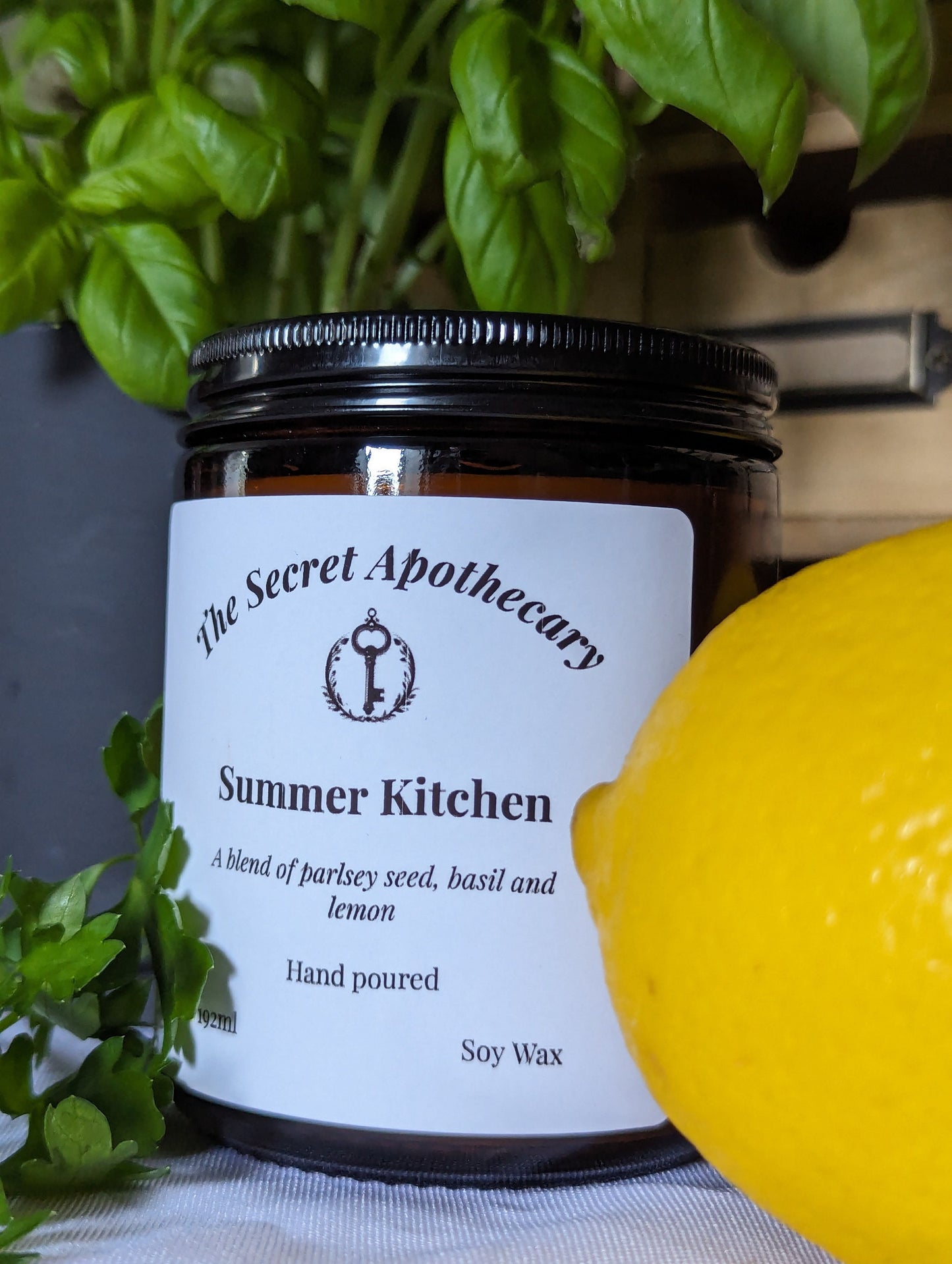 Summer Kitchen Luxury Scented Candle - 100% organic soy wax candle with premium essential oils in amber glass jar. Eco friendly.
