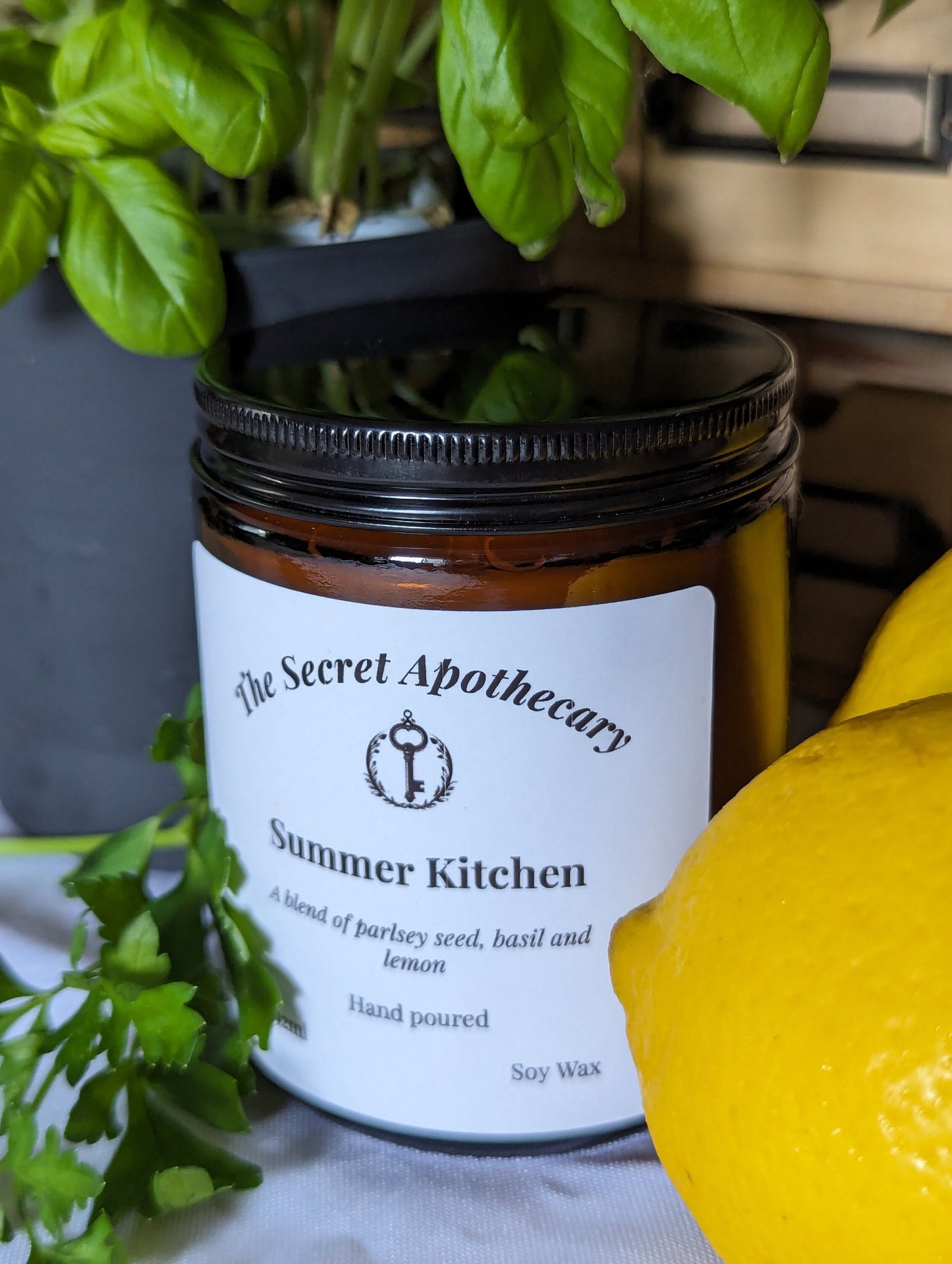 Summer Kitchen Luxury Scented Candle - 100% organic soy wax candle with premium essential oils in amber glass jar. Eco friendly.