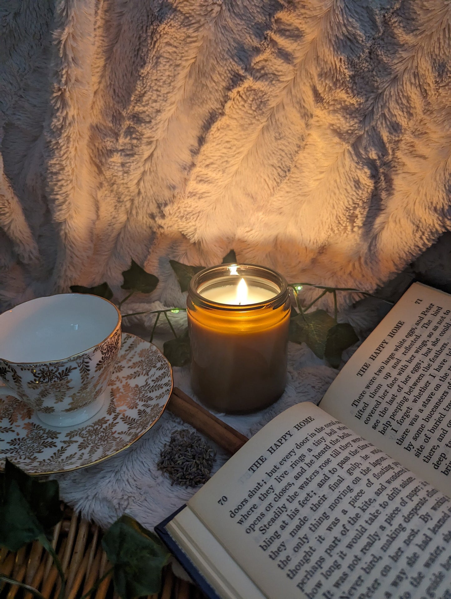 Rainy Day Luxury Scented Candle - 100% organic soy wax candle with premium essential oils in amber glass jar. Eco friendly.