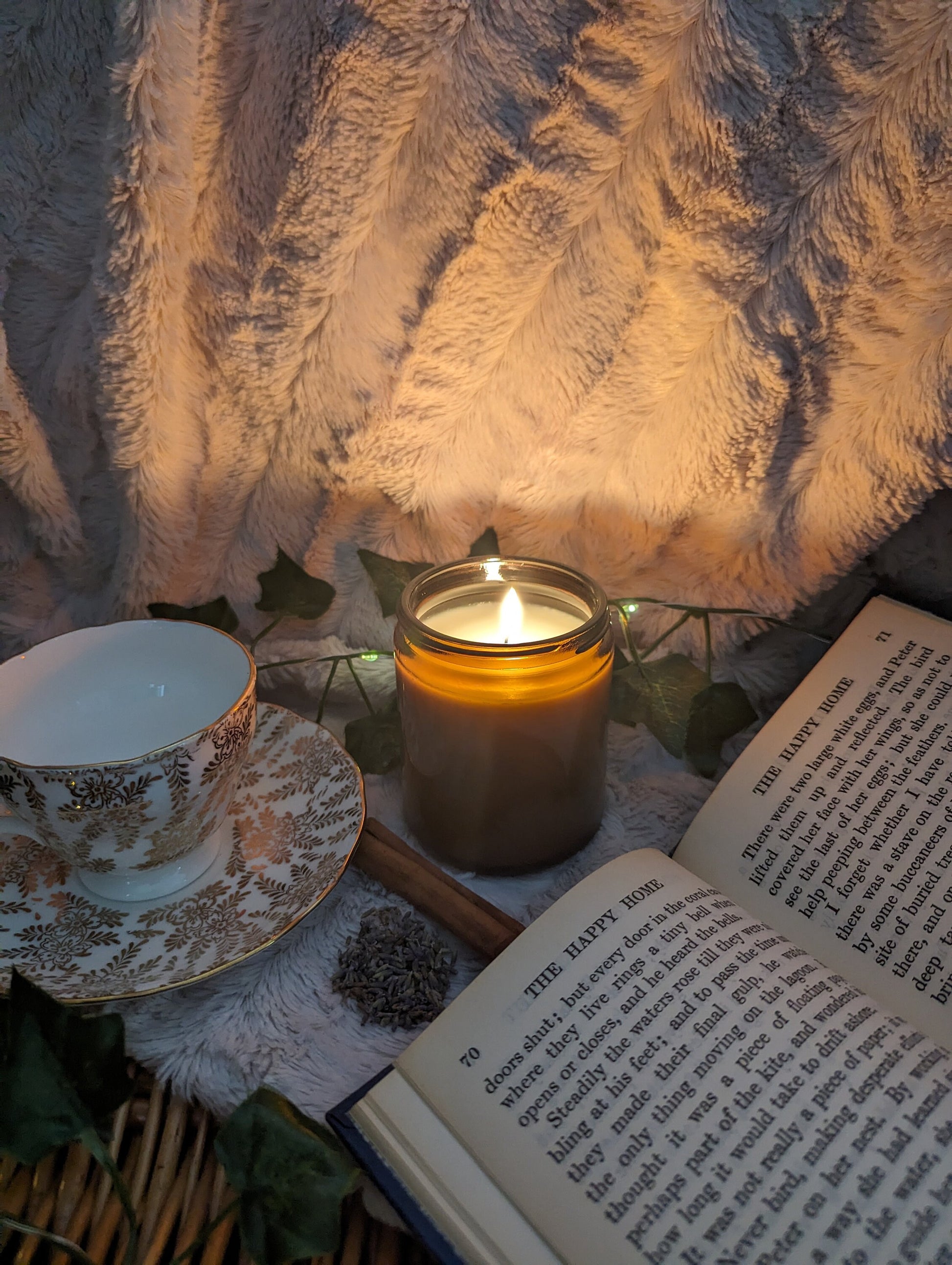 Rainy Day Luxury Scented Candle - 100% organic soy wax candle with premium essential oils in amber glass jar. Eco friendly.