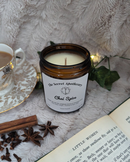 Chai Spice Luxury Scented Candle - 100% organic soy wax candle with premium essential oils in amber glass jar. Eco friendly.