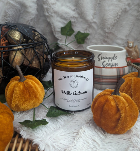 Hello Autumn Luxury Scented Candle - 100% organic soy wax candle with premium essential oils in amber glass jar. Eco friendly.