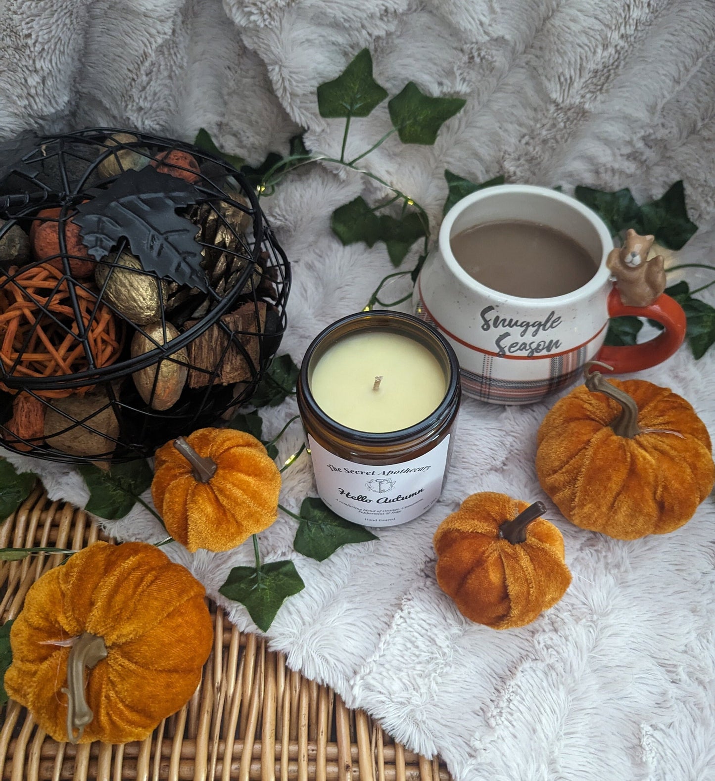 Hello Autumn Luxury Scented Candle - 100% organic soy wax candle with premium essential oils in amber glass jar. Eco friendly.