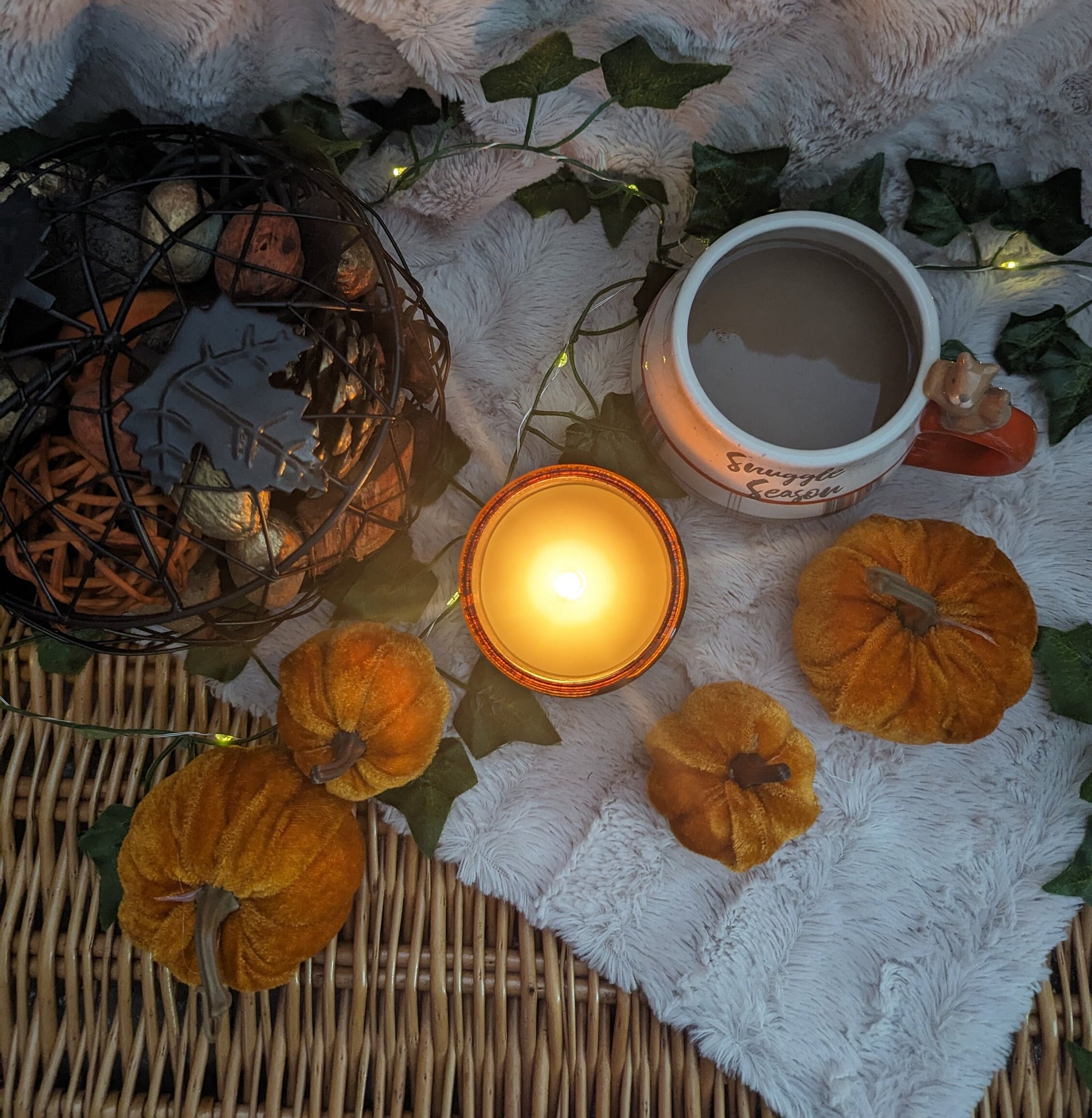 Hello Autumn Luxury Scented Candle - 100% organic soy wax candle with premium essential oils in amber glass jar. Eco friendly.